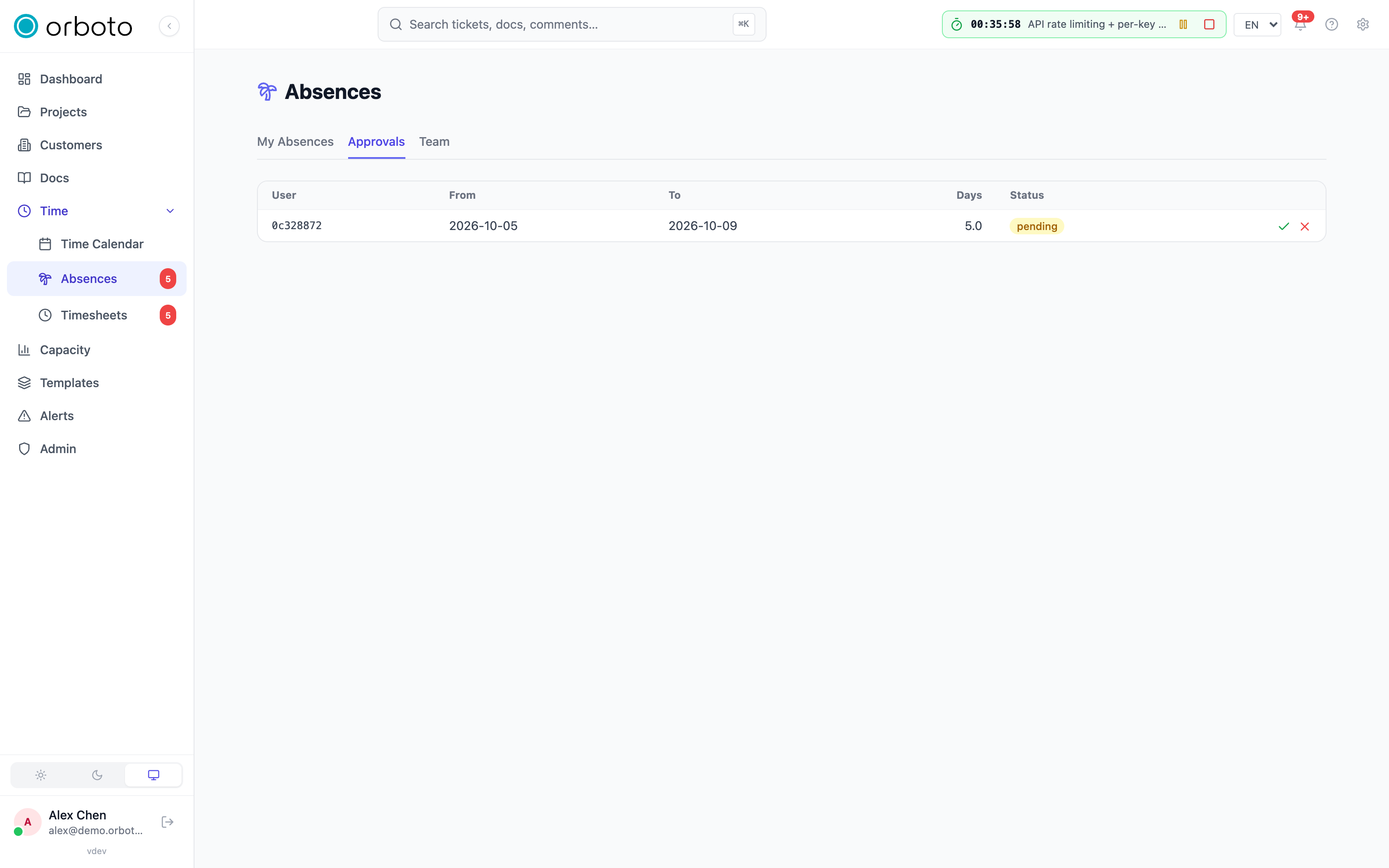 The absence approvals tab with pending requests