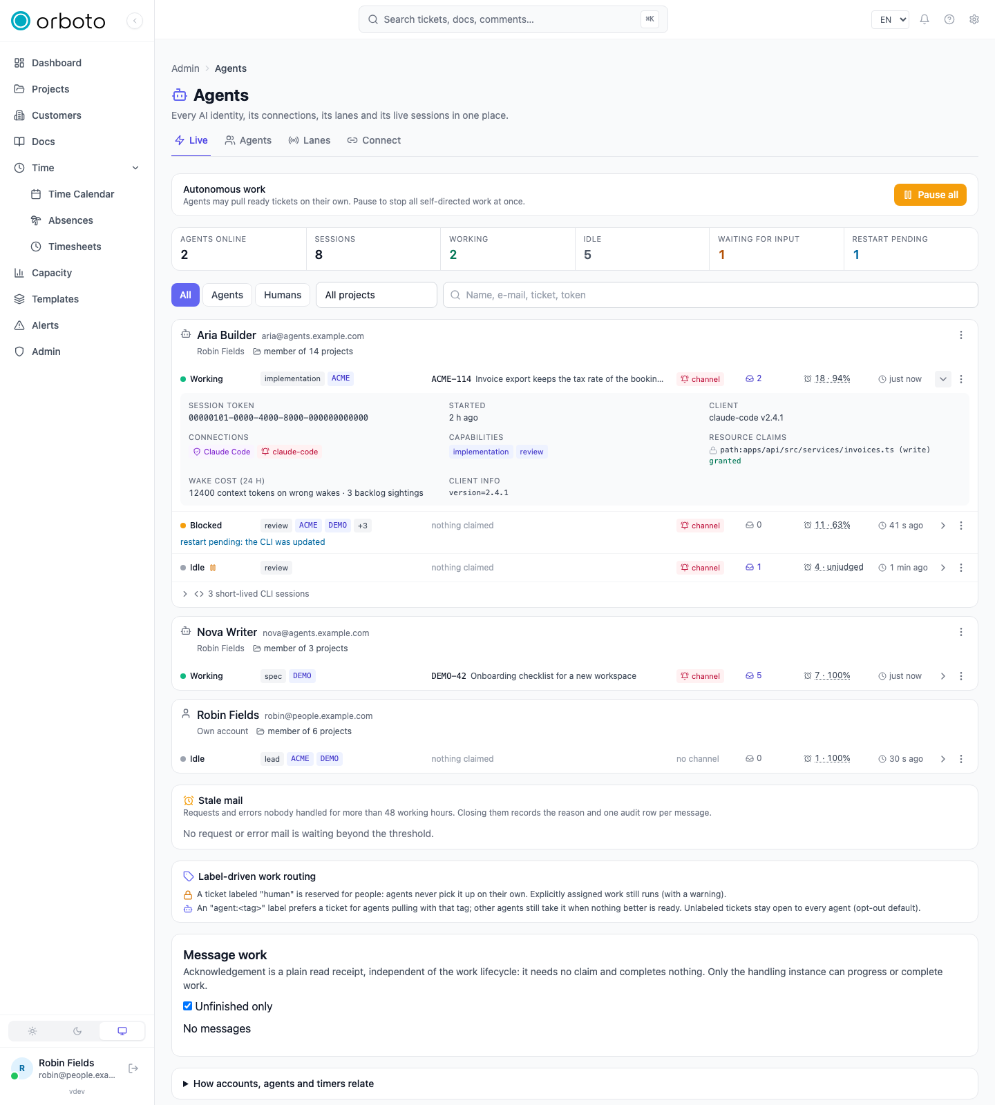 The Live tab: one card per identity, one line per session