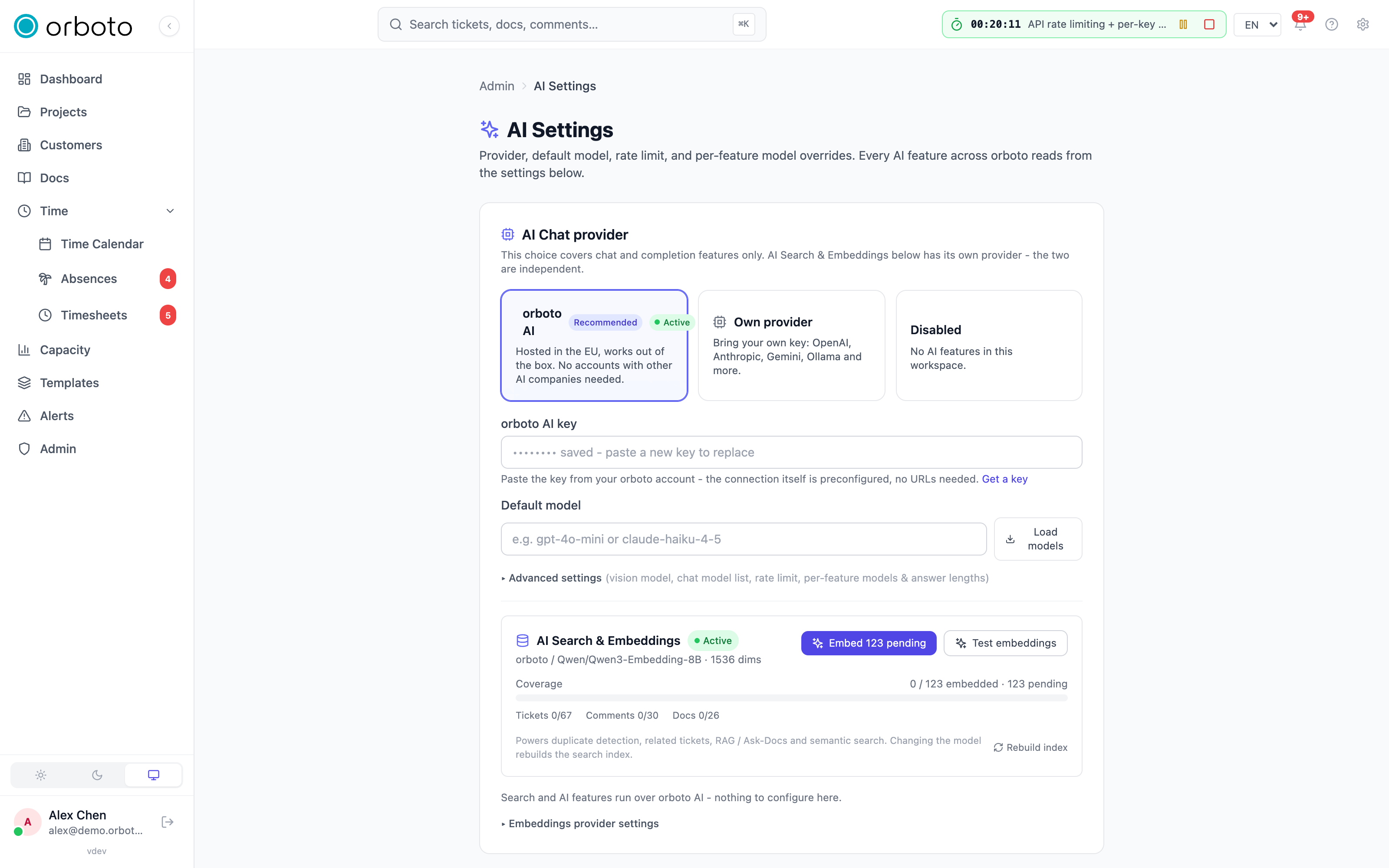 The AI settings page with the orboto AI card active