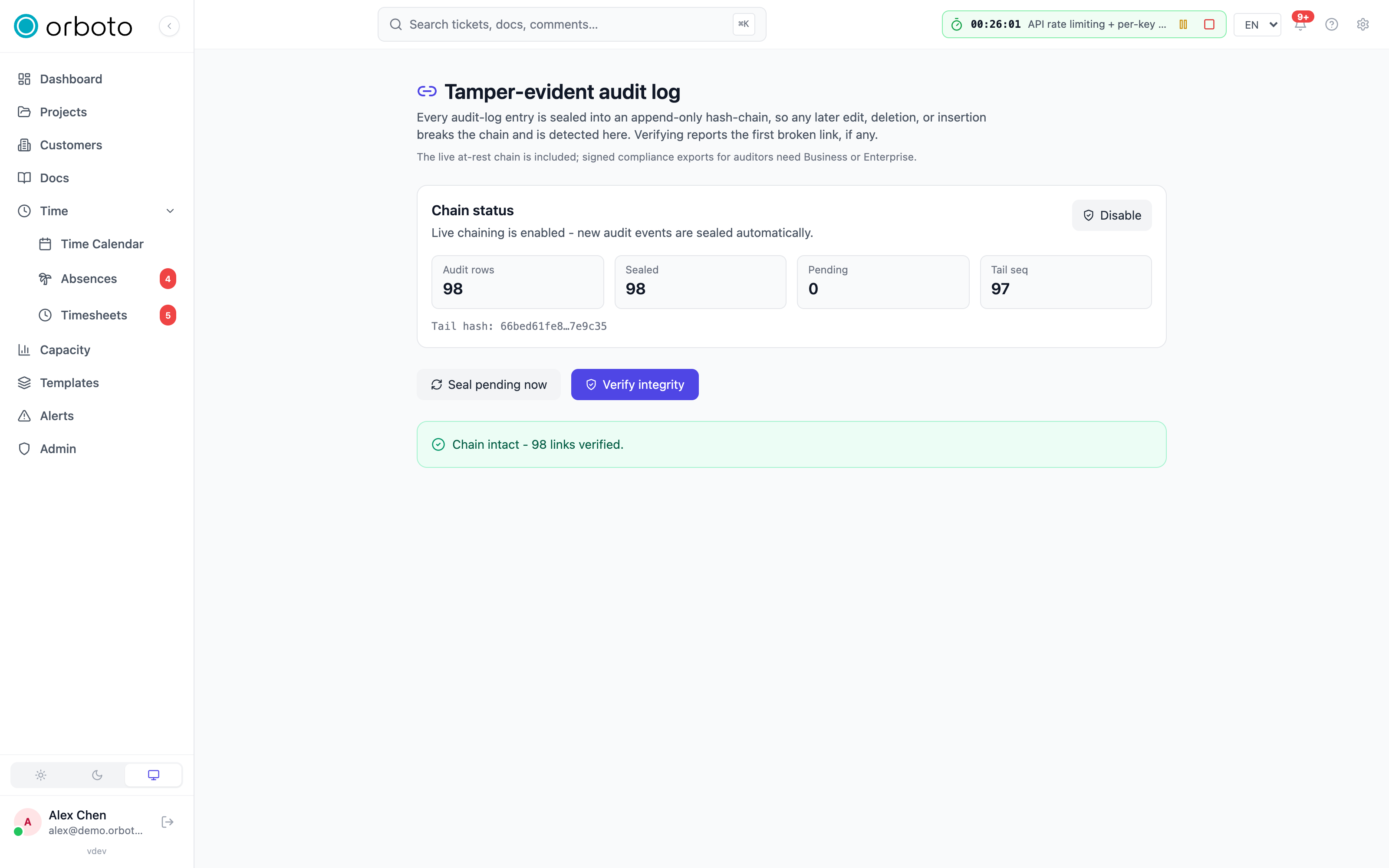 The tamper-evident audit chain status card