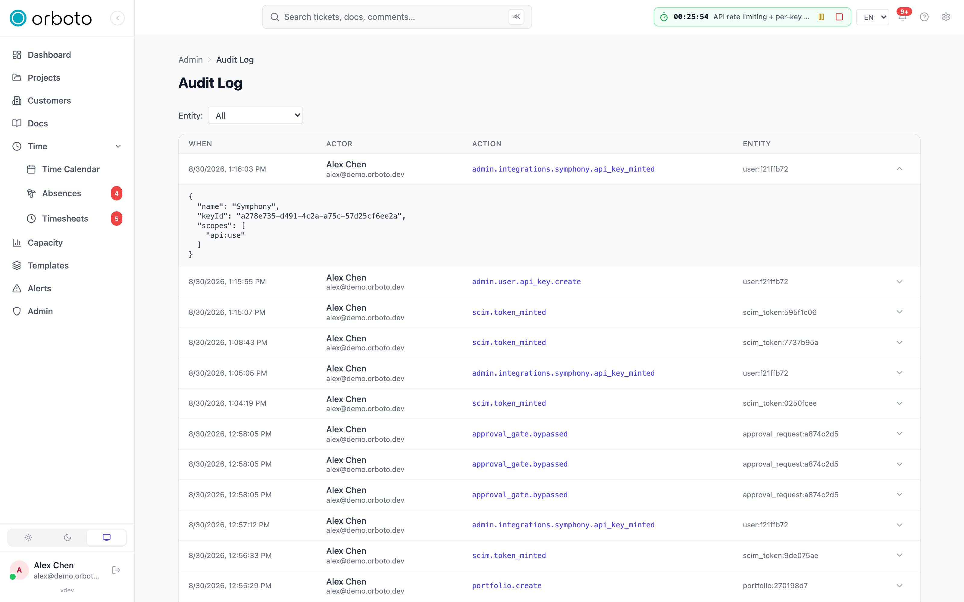 An expanded audit log row with its JSON detail