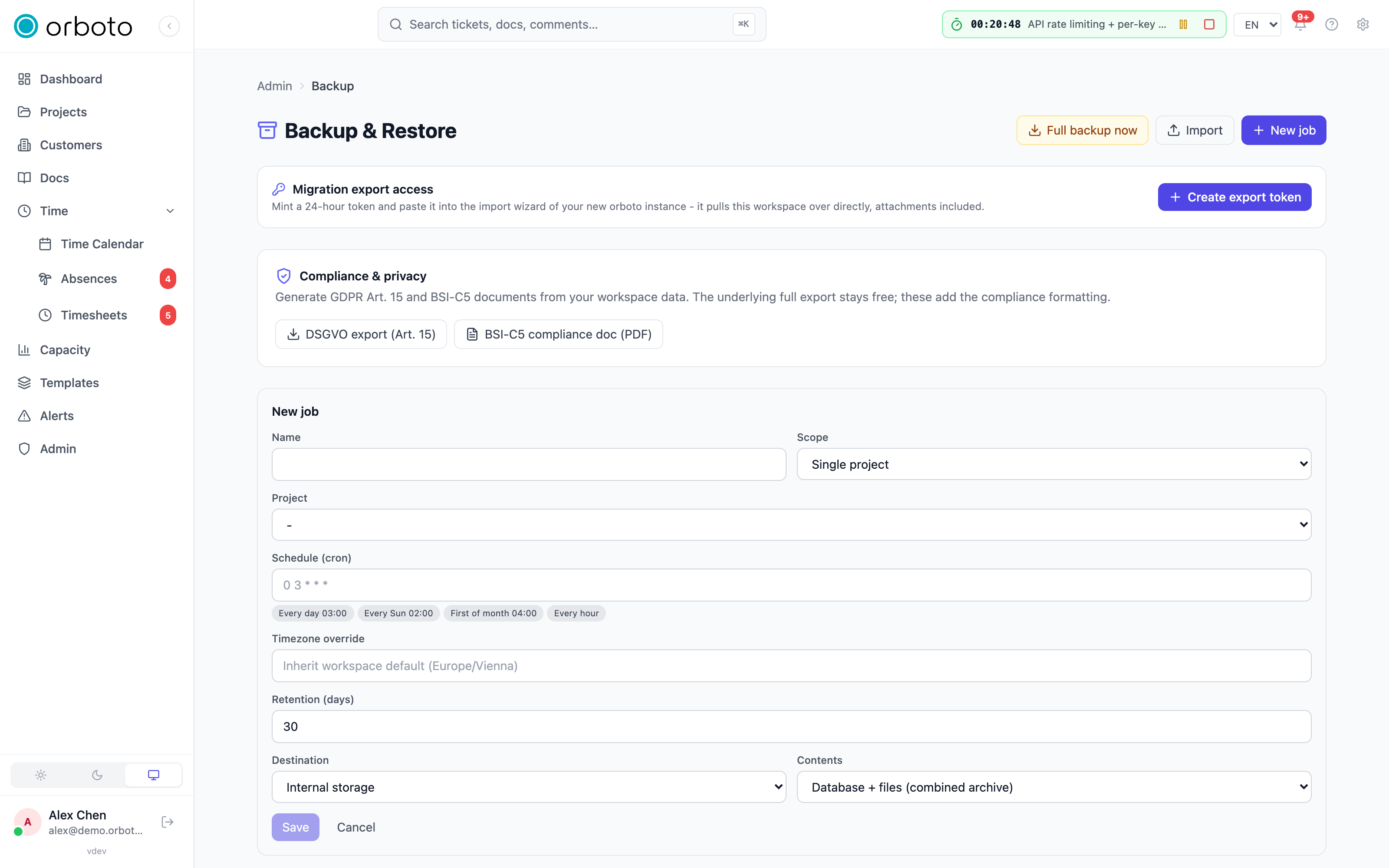 The new backup job form