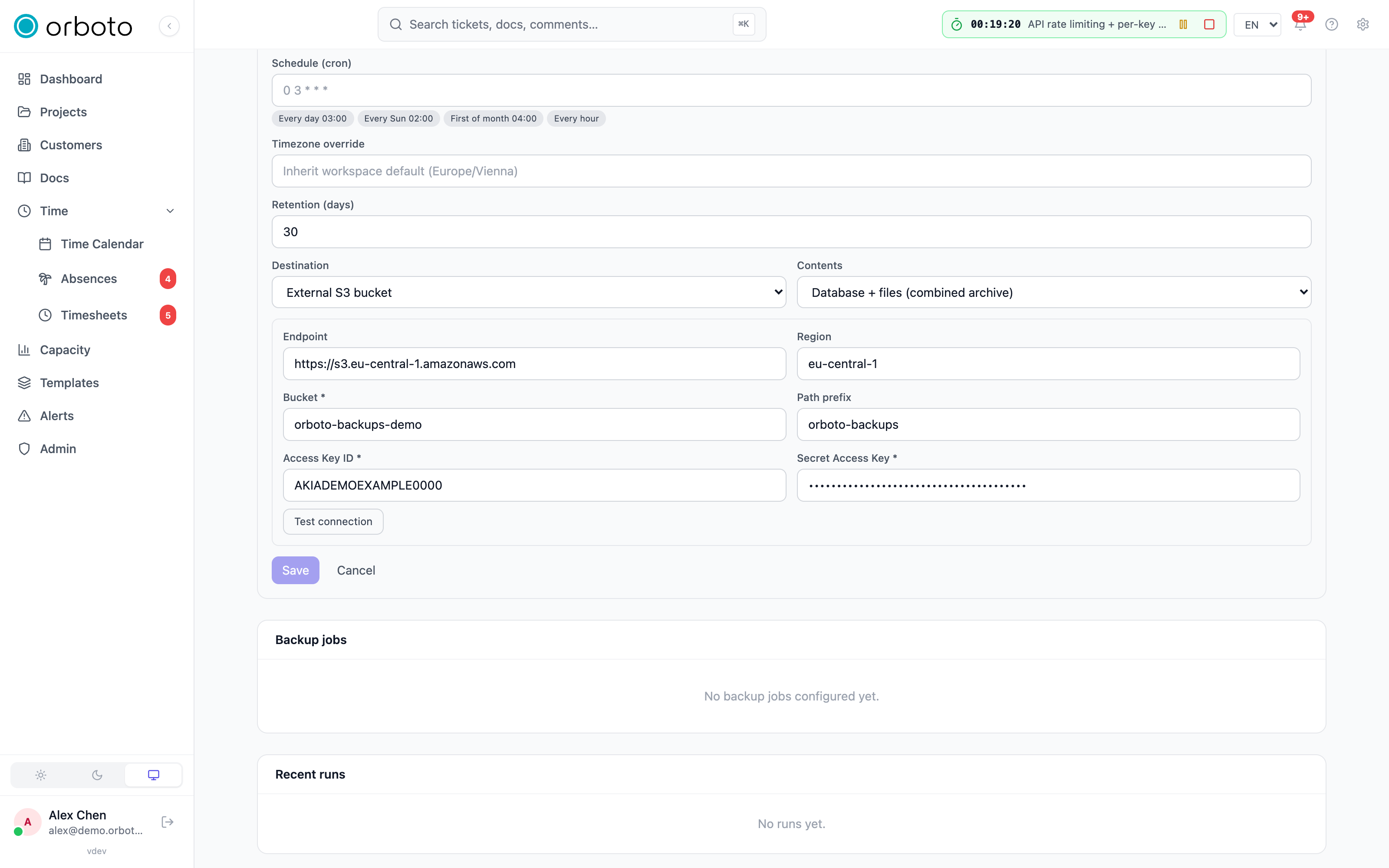 The backup job form with the External S3 destination fields