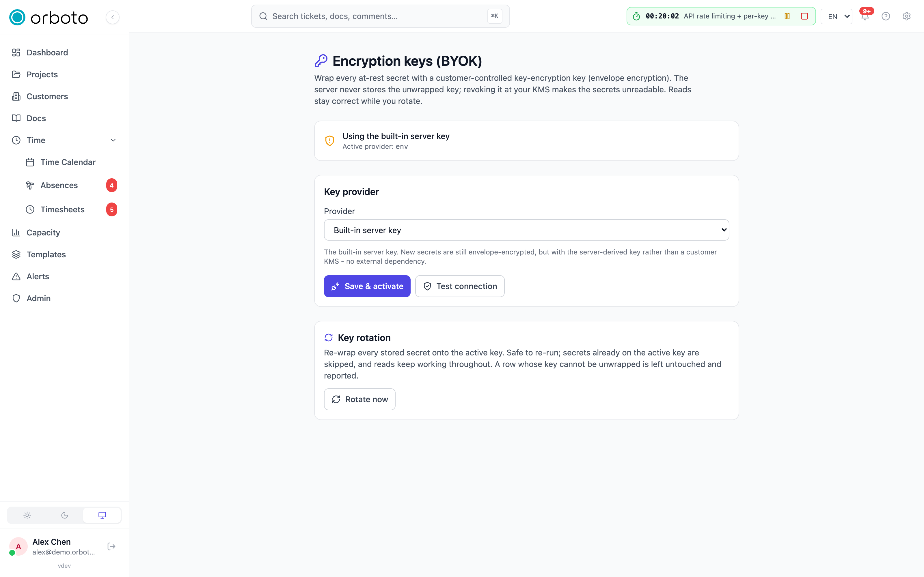 The key provider picker with the Test connection and Save & activate buttons