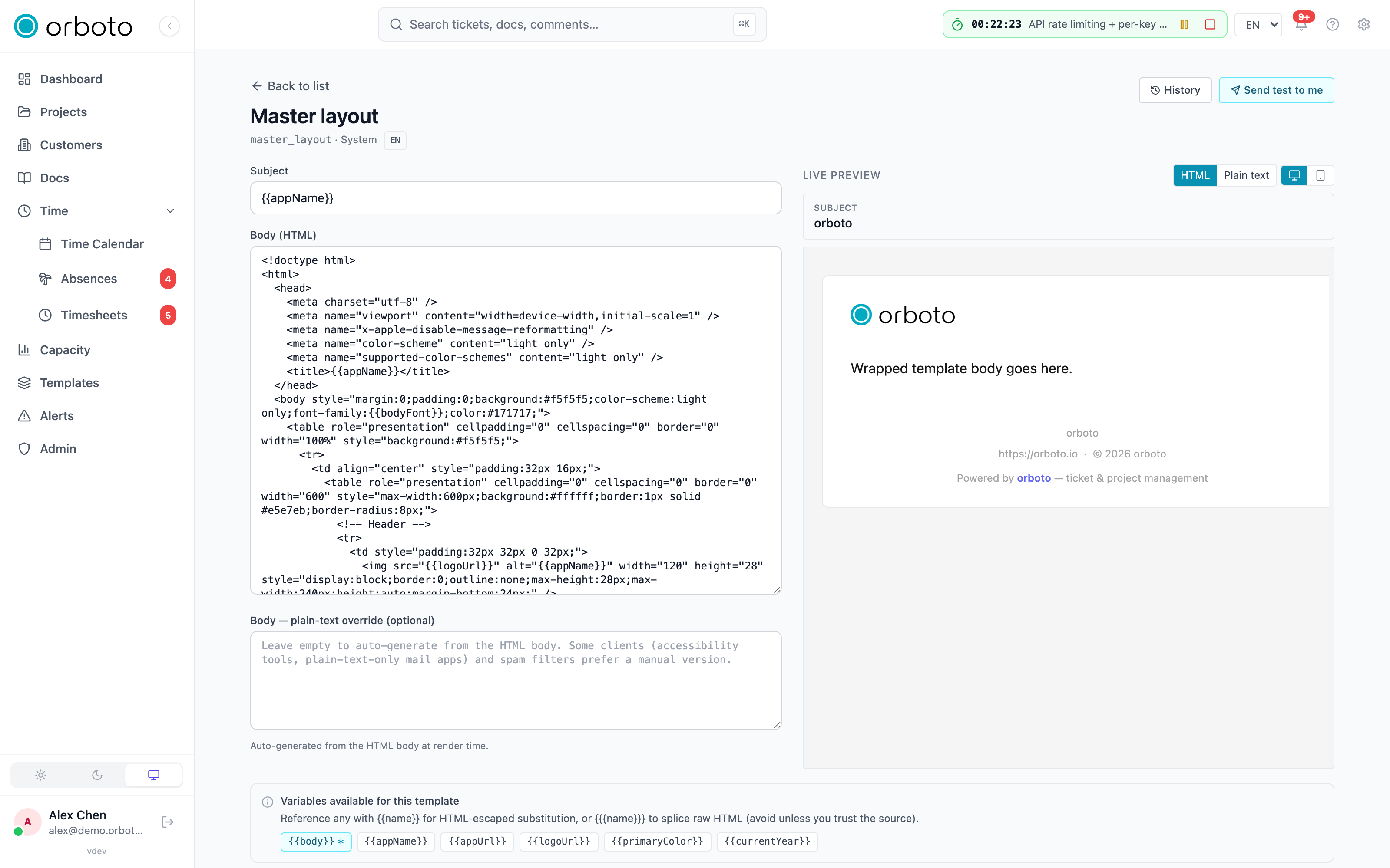 The template editor with the live preview