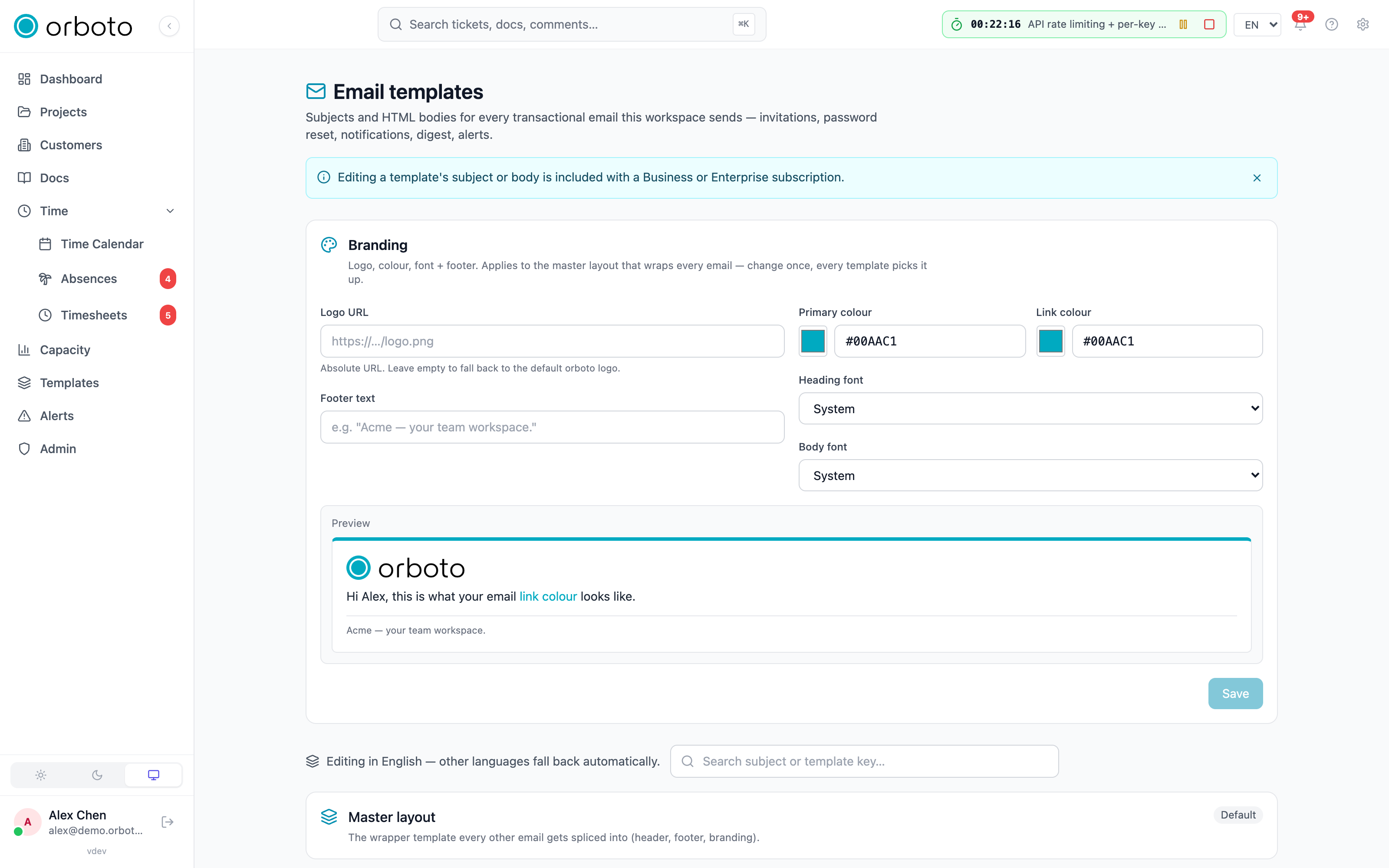 The email templates list