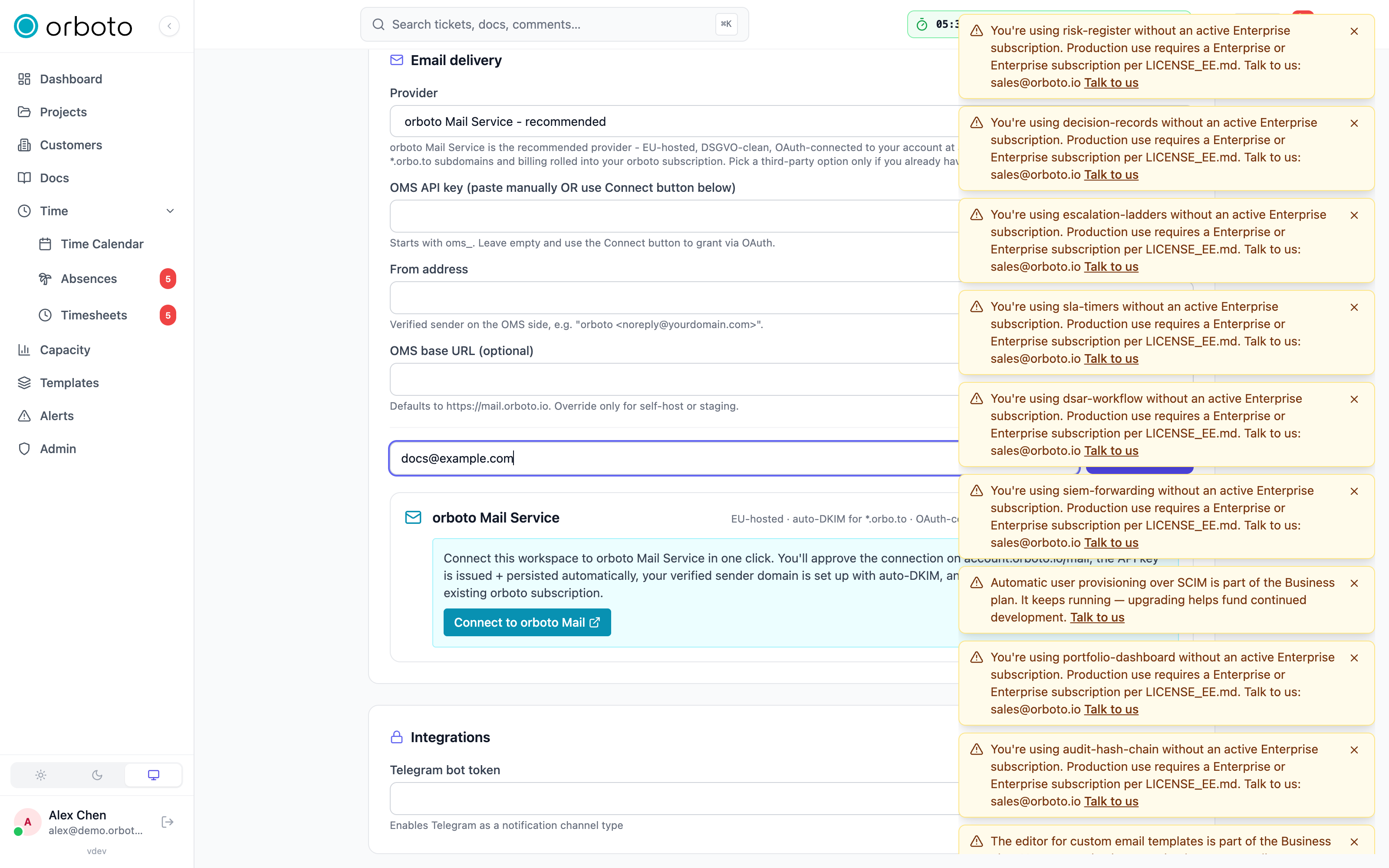 The Send test email row in the Email delivery section