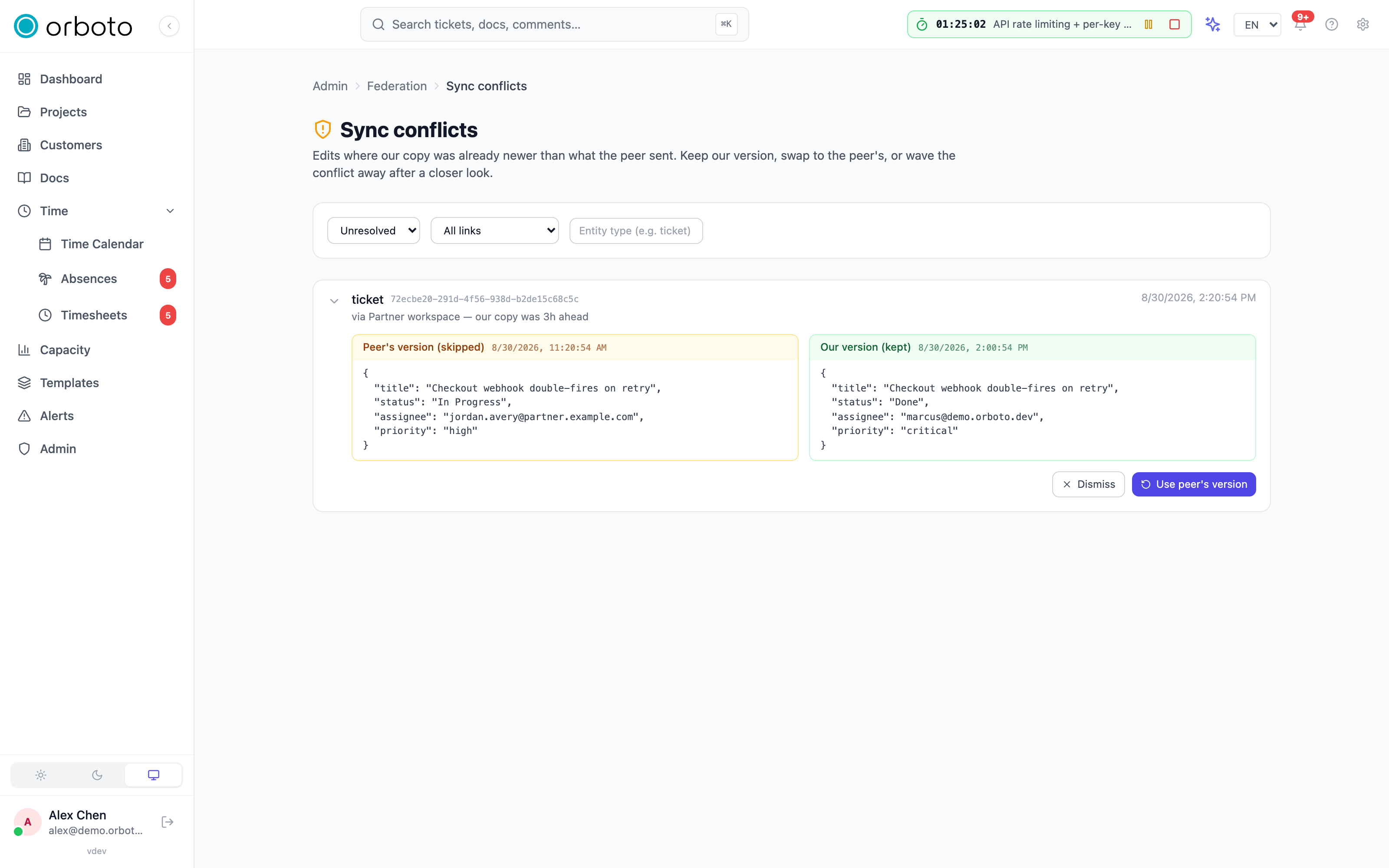 An expanded sync conflict showing the peer's version and our version side by side