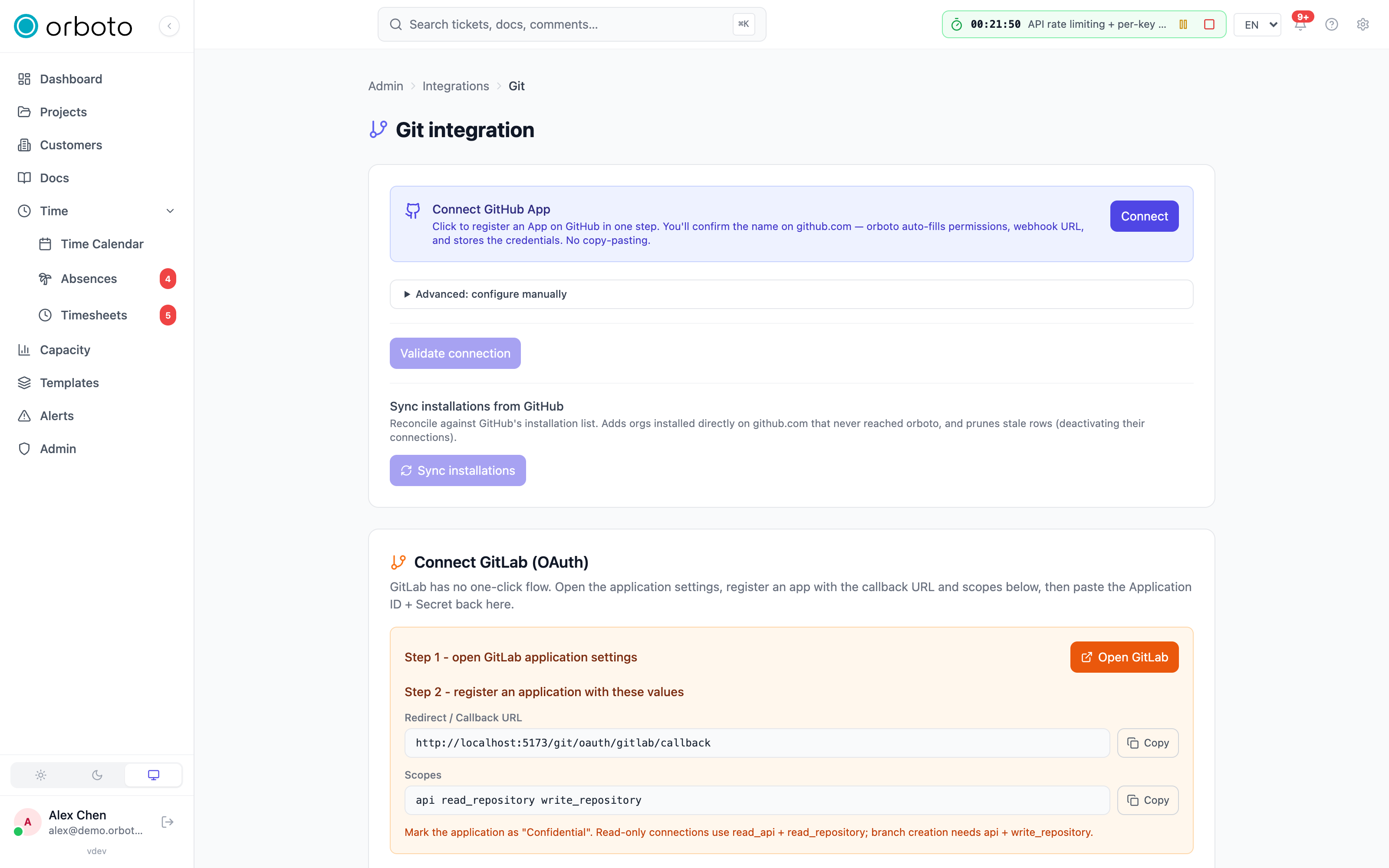 The GitHub App and GitLab OAuth cards
