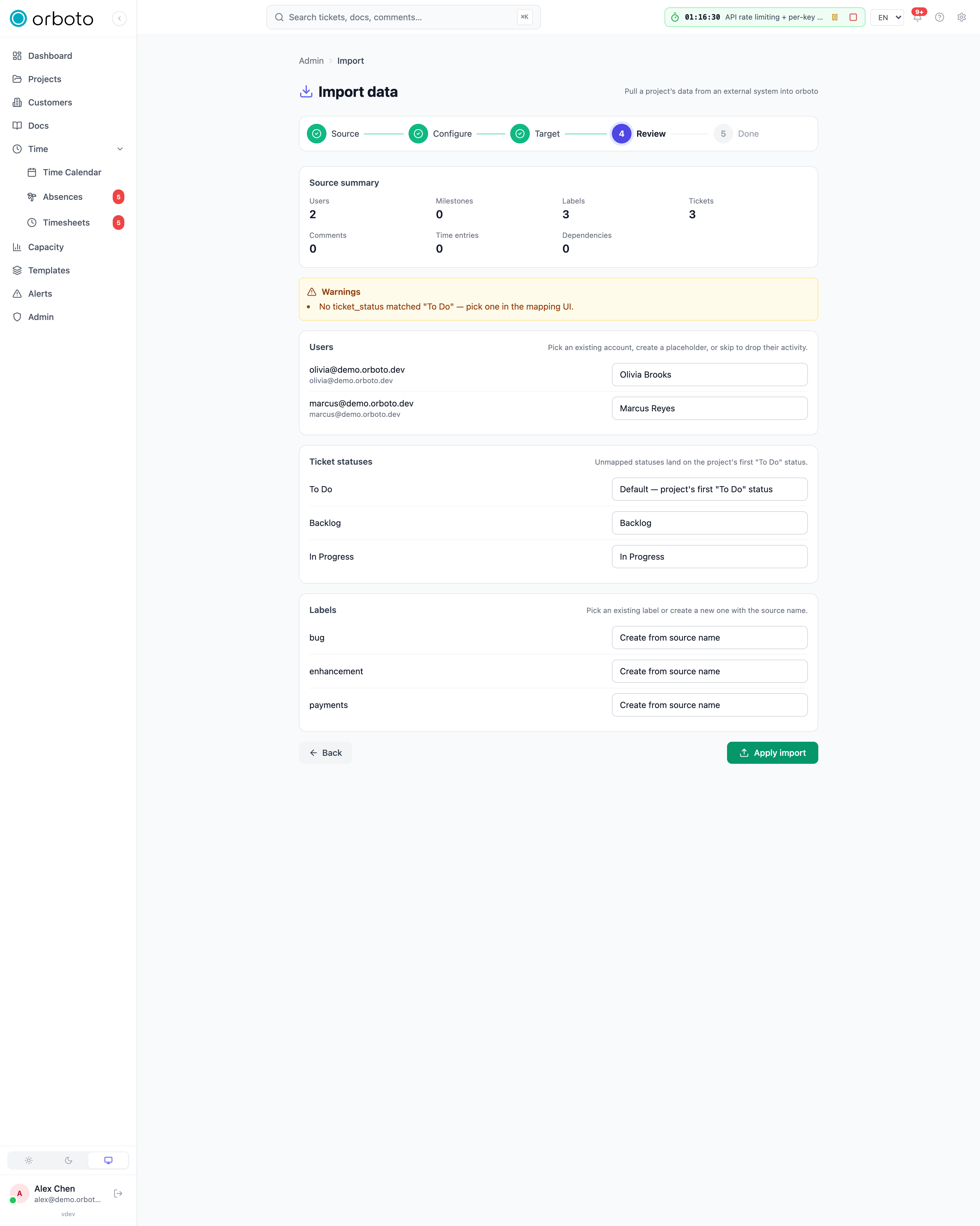 The import preview step with the user, status and label mapping tables
