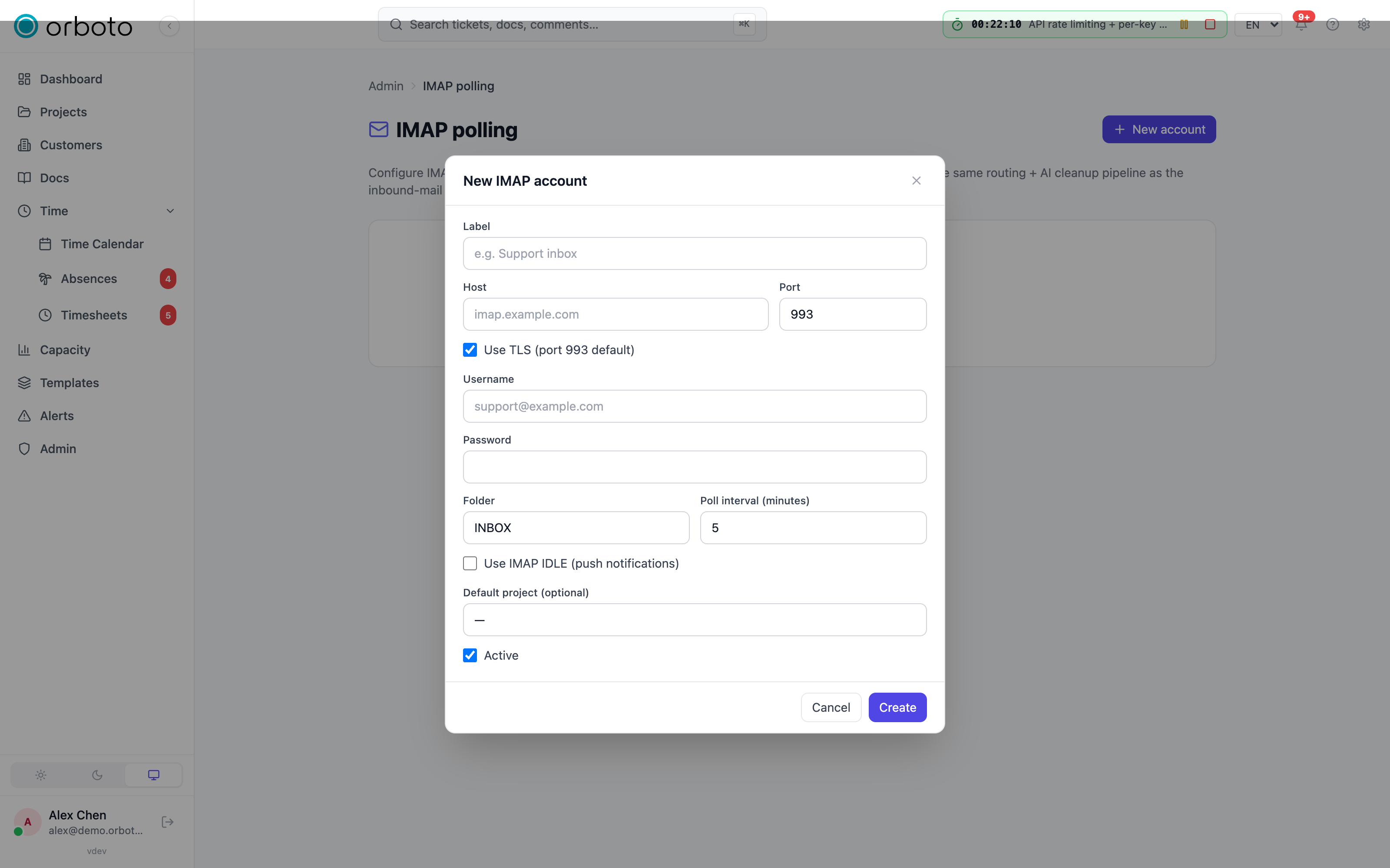 The inbound IMAP account form