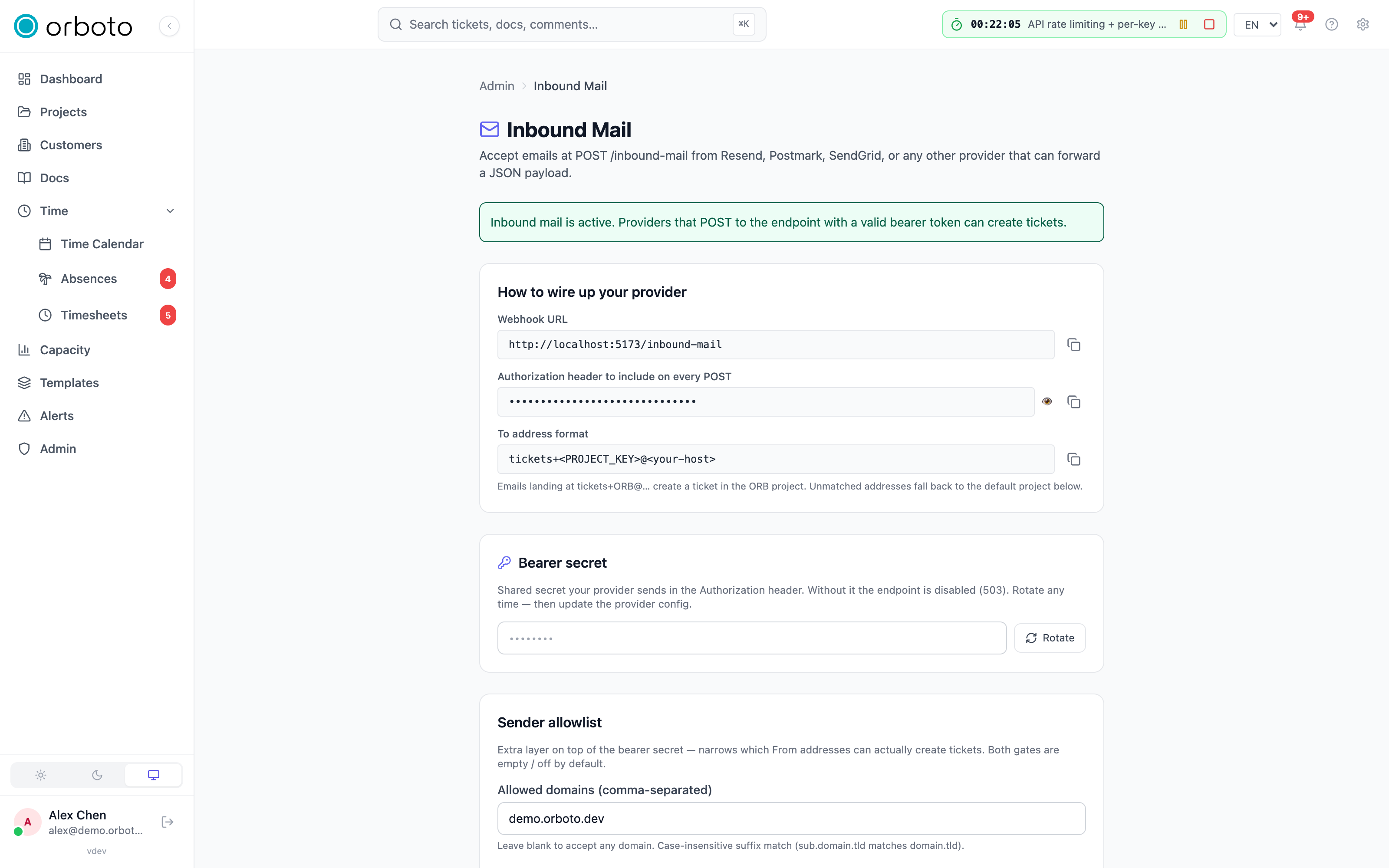 The inbound mail cheat sheet with the webhook URL and bearer secret