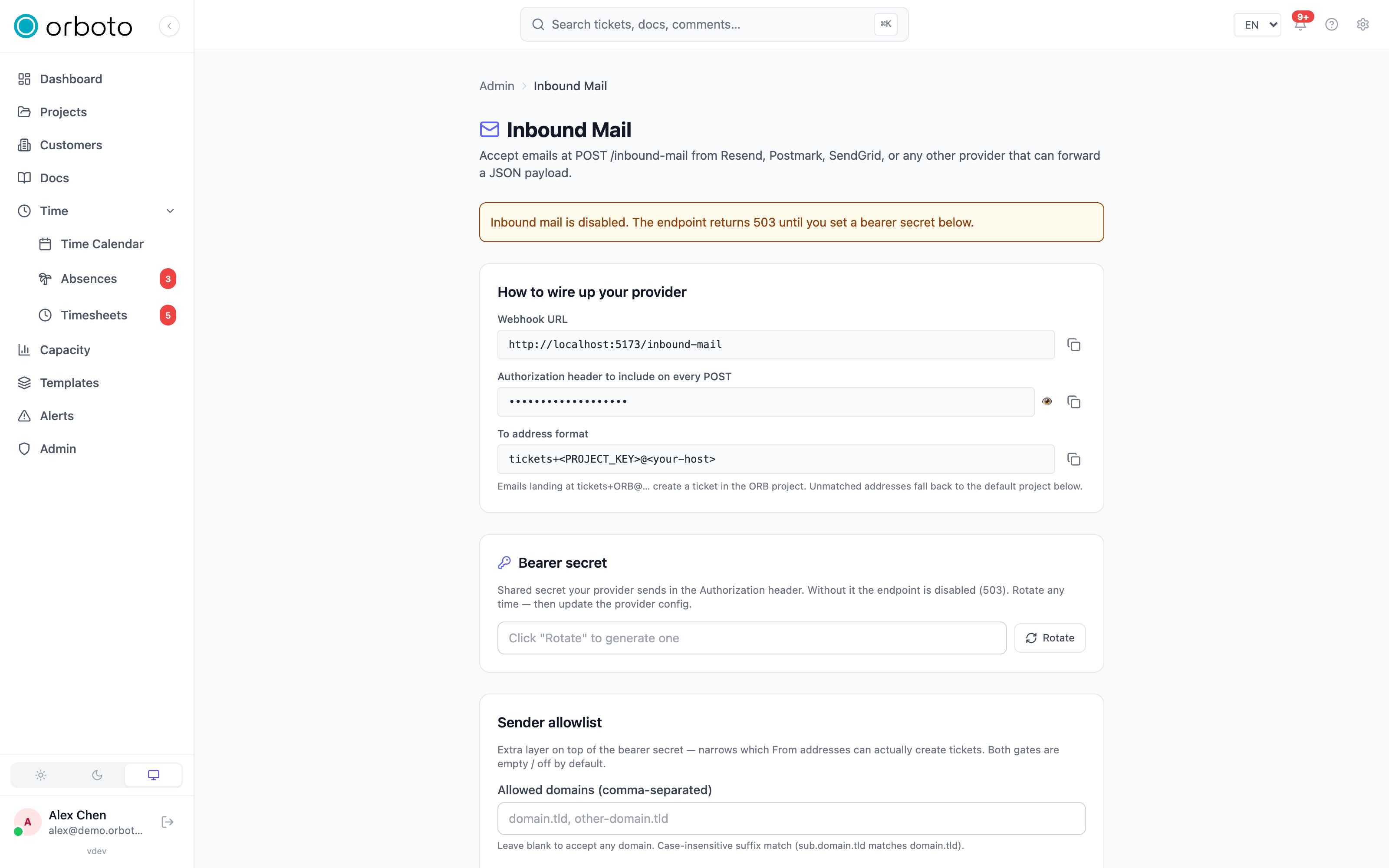 Inbound mail settings