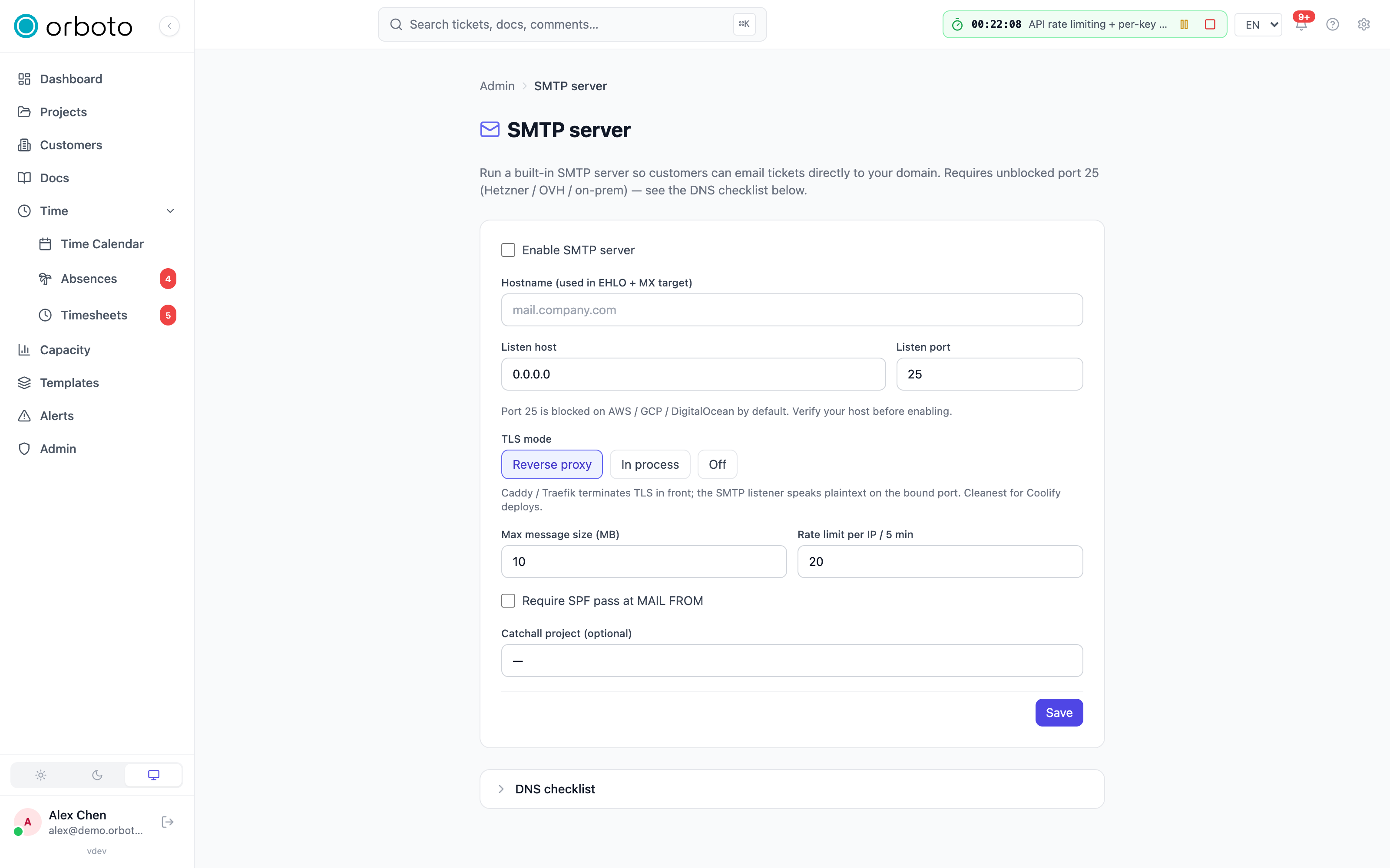 The inbound SMTP configuration page with the DNS checklist