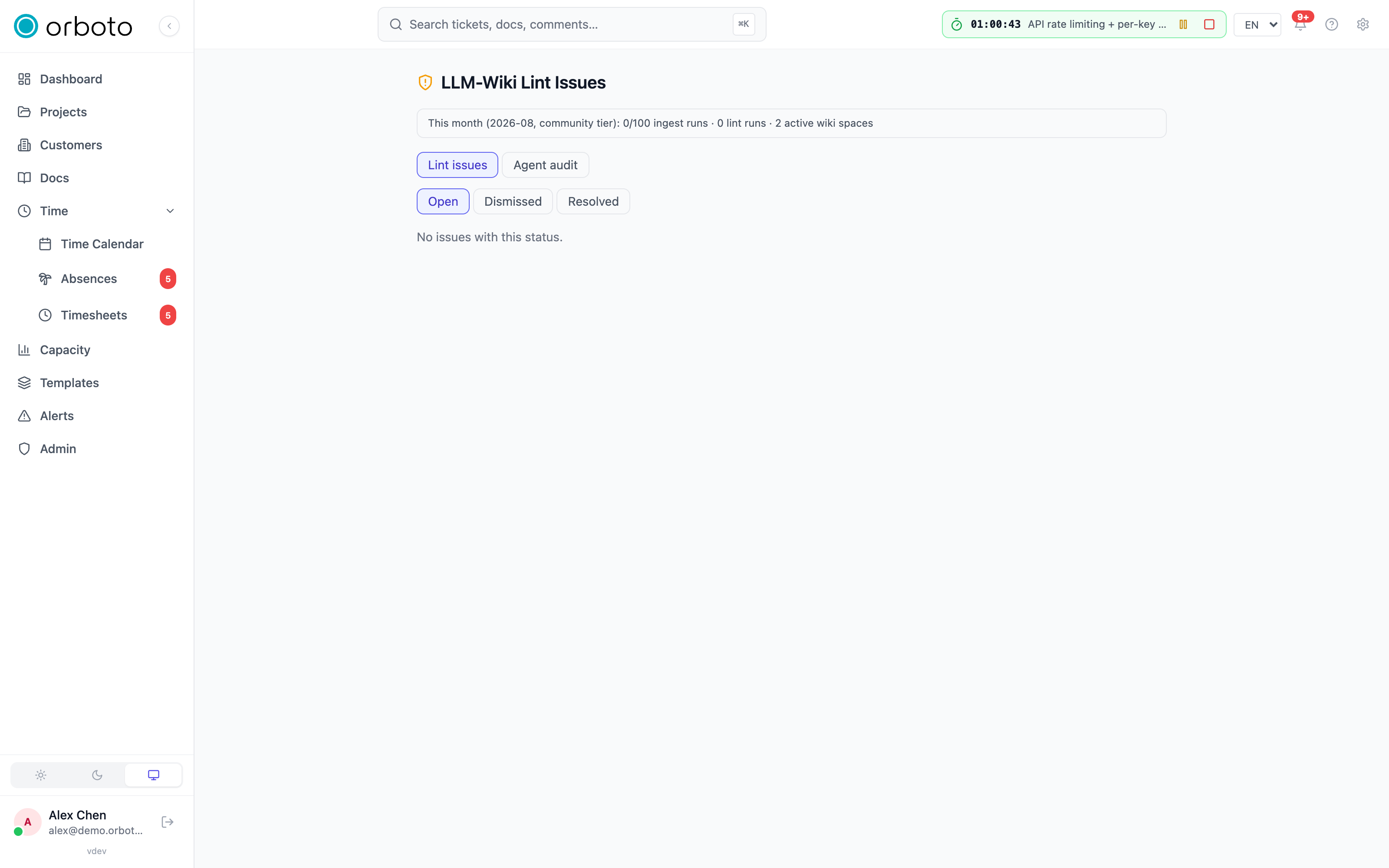 The admin LLM-Wiki inbox with the Issues tab open and the status filter