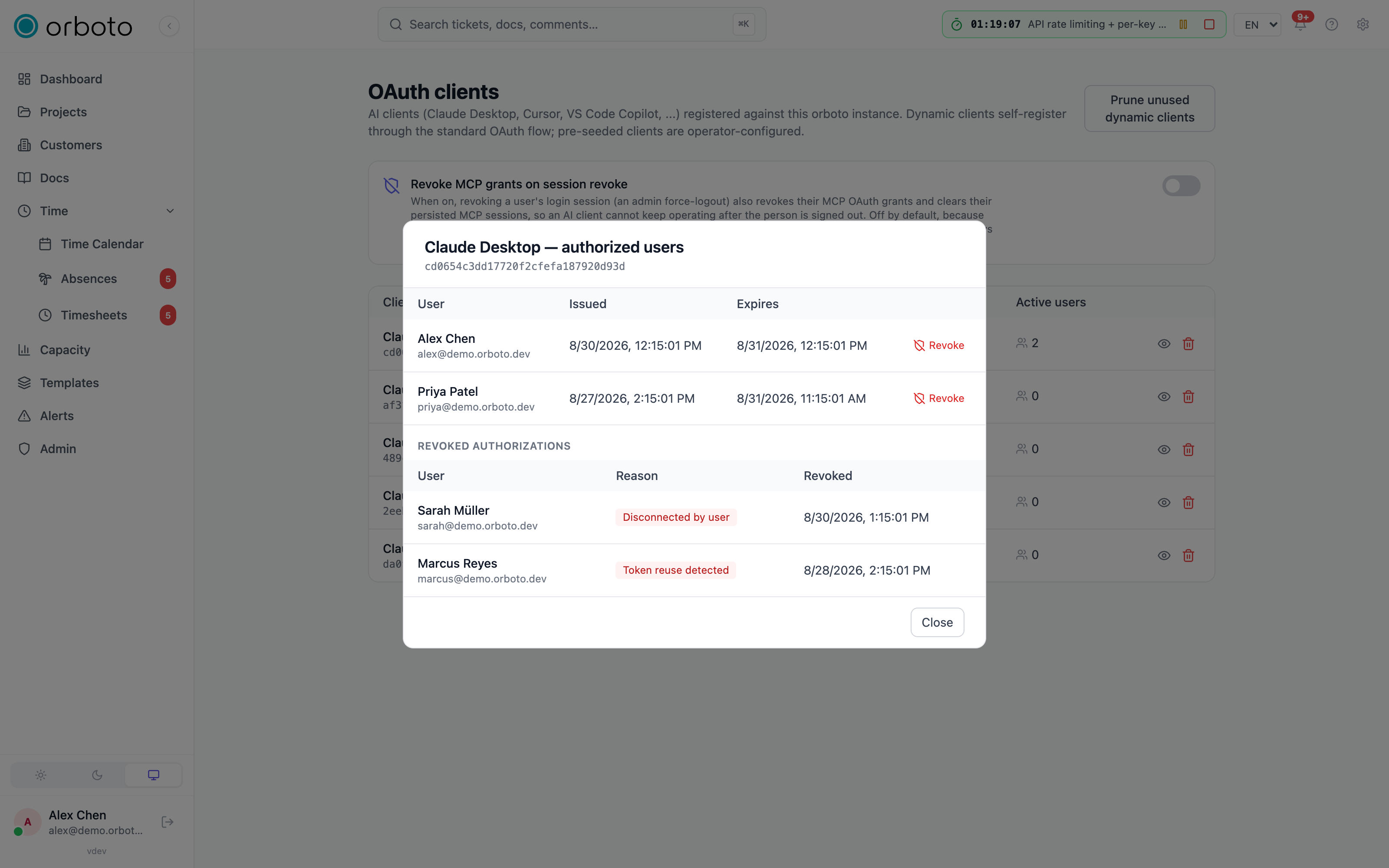 The client authorizations dialog: active users plus revoked authorizations with reason badges