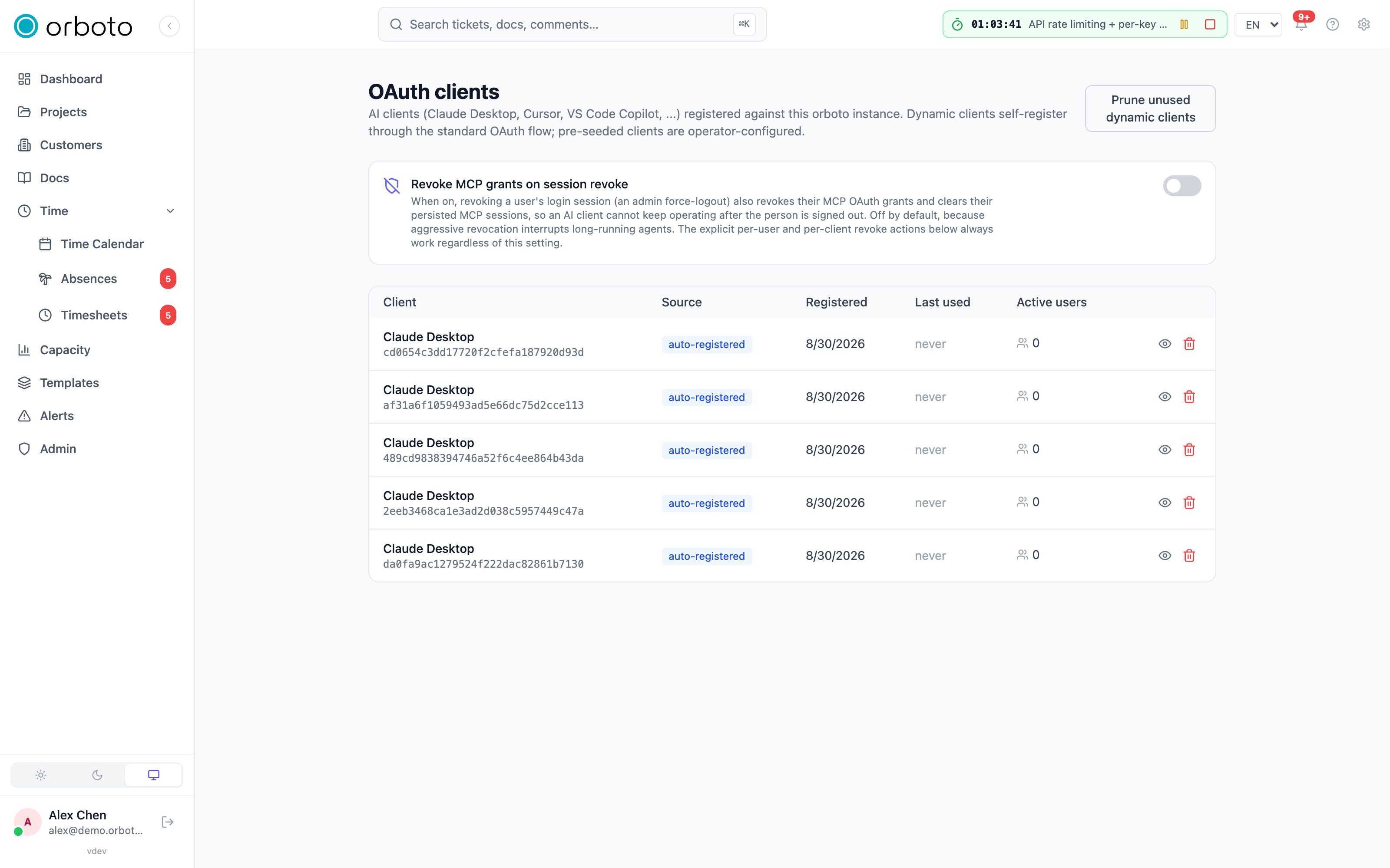 The Revoke MCP grants on session revoke toggle at the top of the OAuth clients page