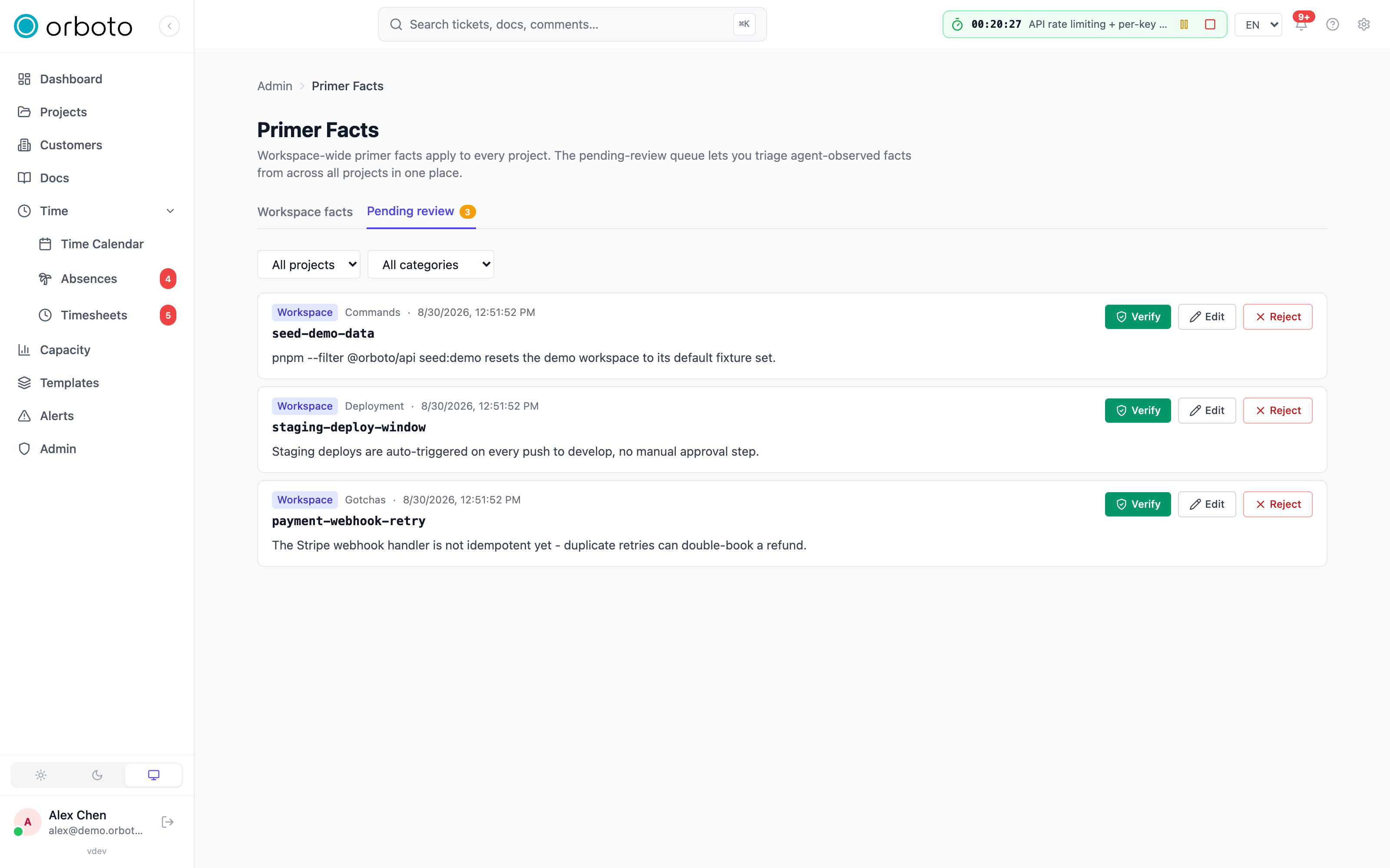The Pending review tab with the Verify, Edit and Reject actions