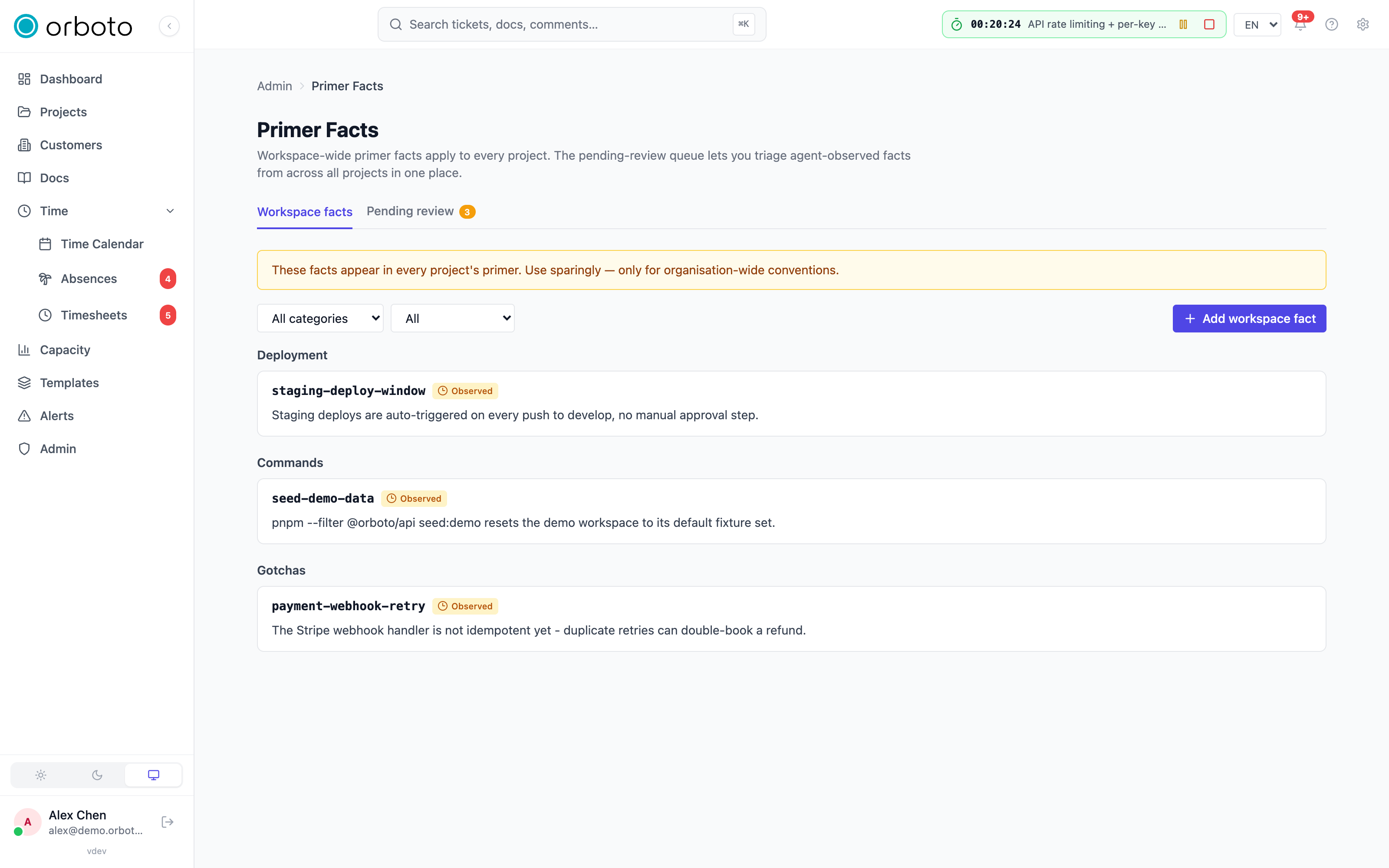 The Workspace facts tab with the category and verified filters