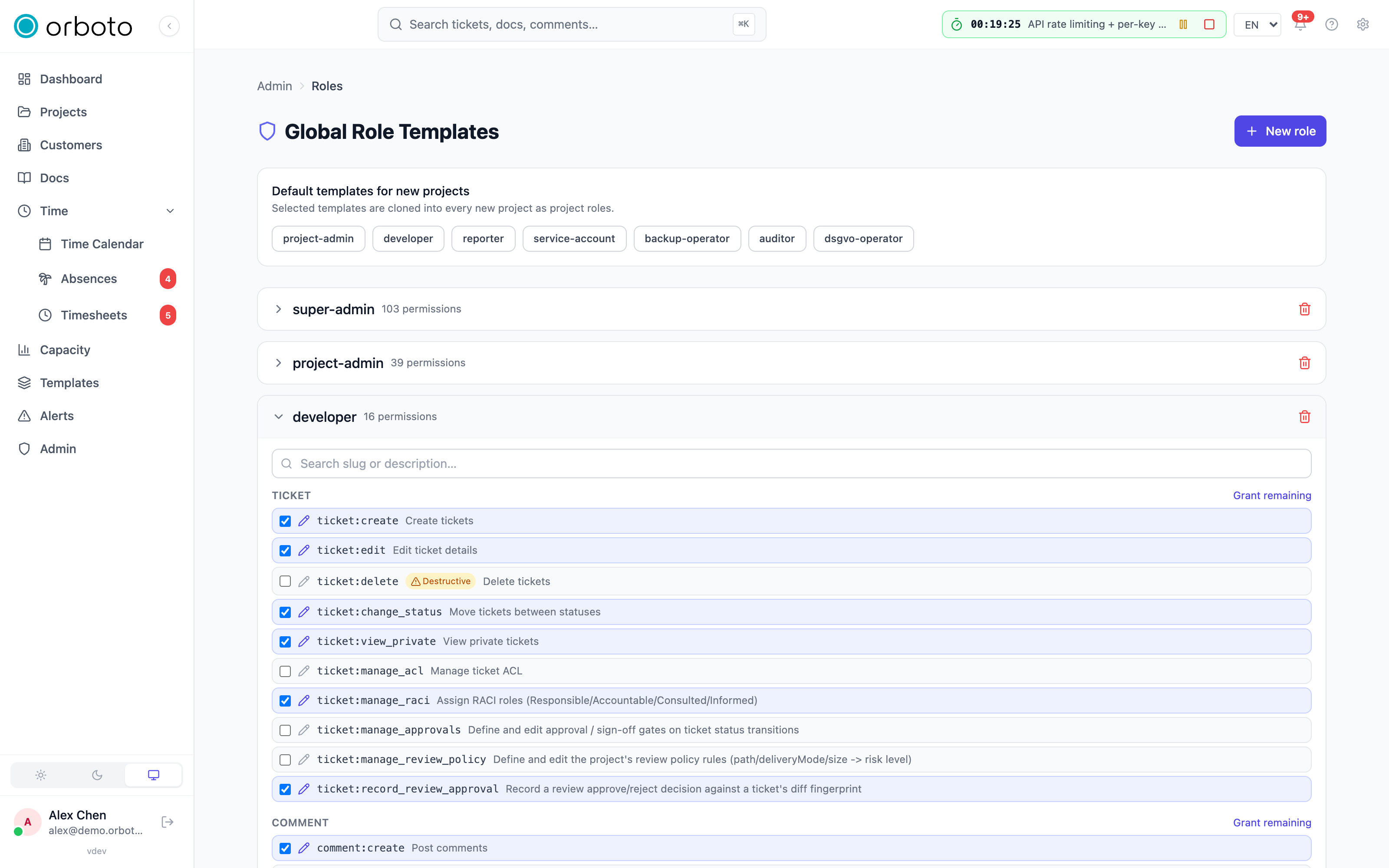 The role editor with an expanded permission family