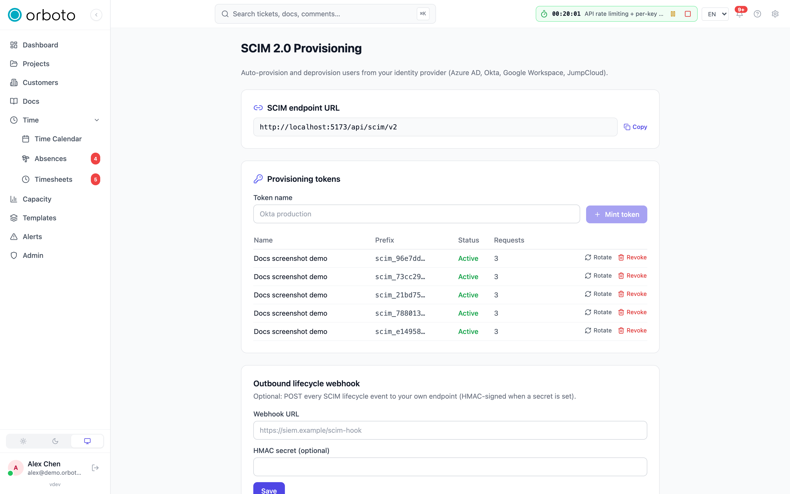 The SCIM provisioning admin page with the endpoint URL and token panel