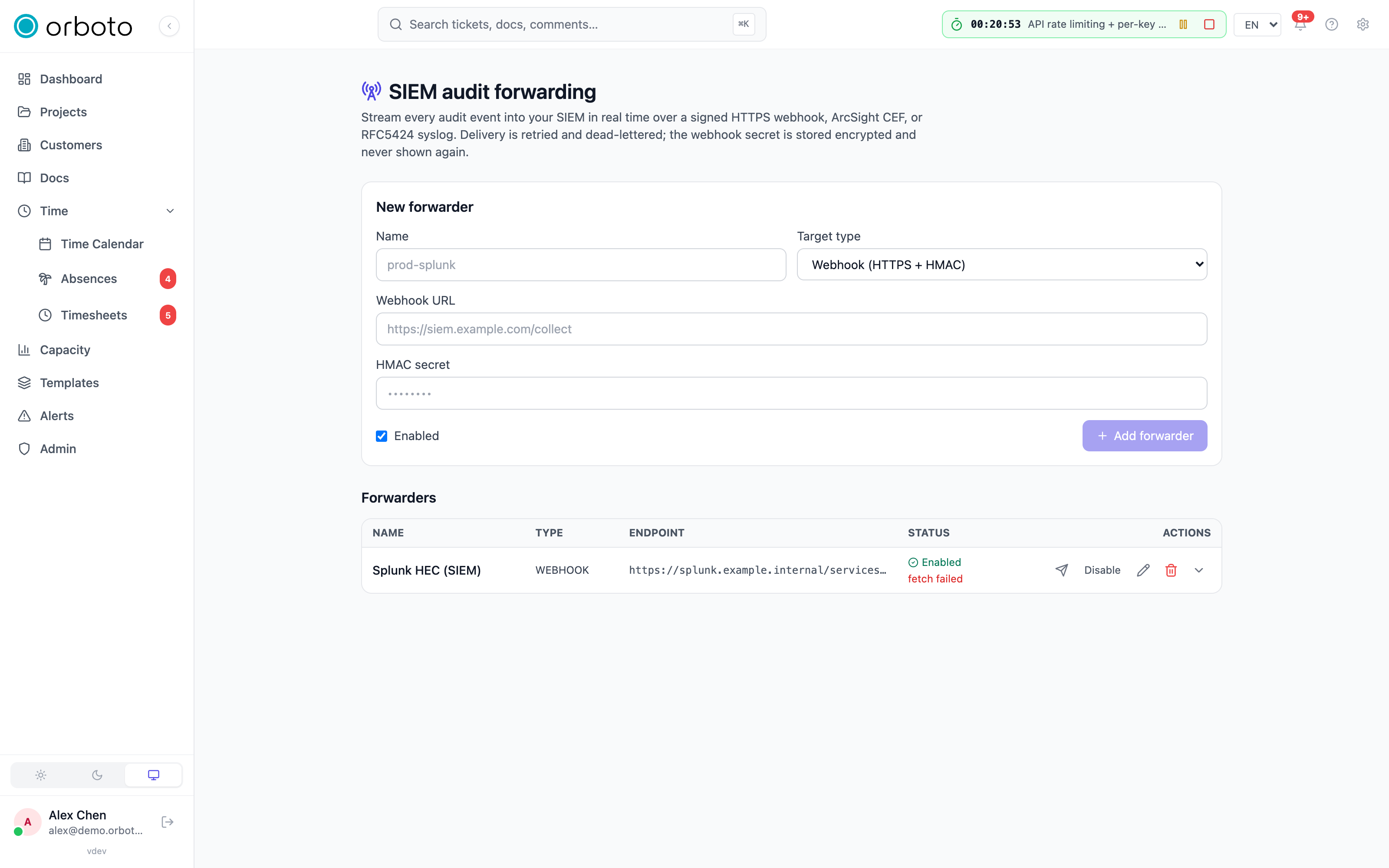 The SIEM audit forwarding page with the forwarder list