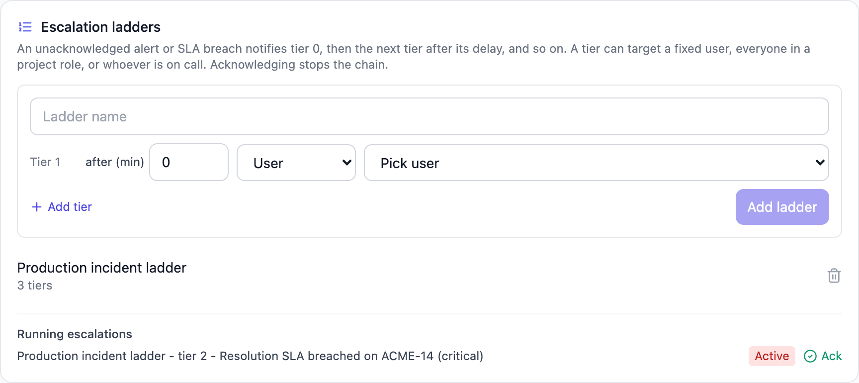 A running escalation showing its current tier and reason