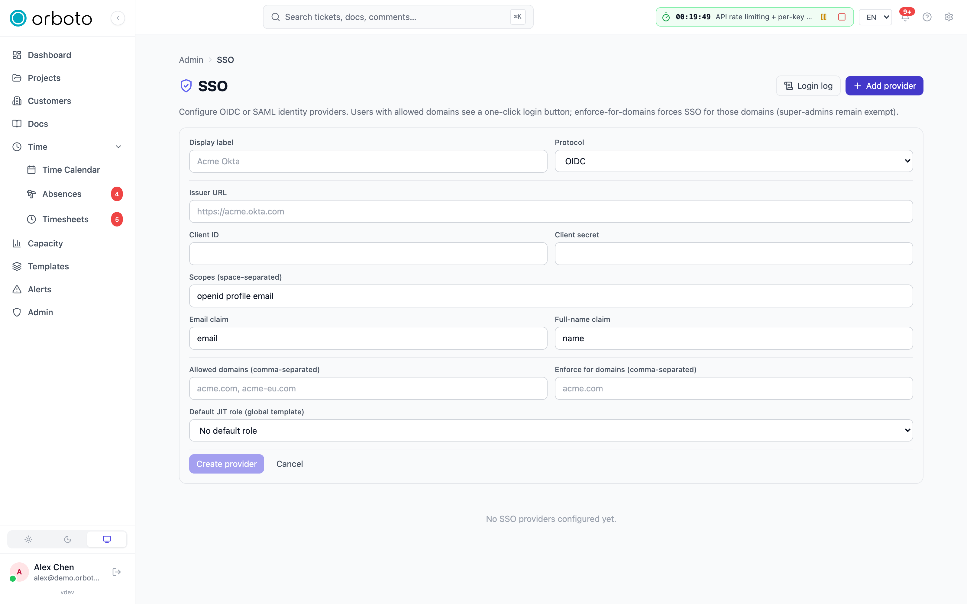 The add-provider form with the OIDC/SAML protocol toggle