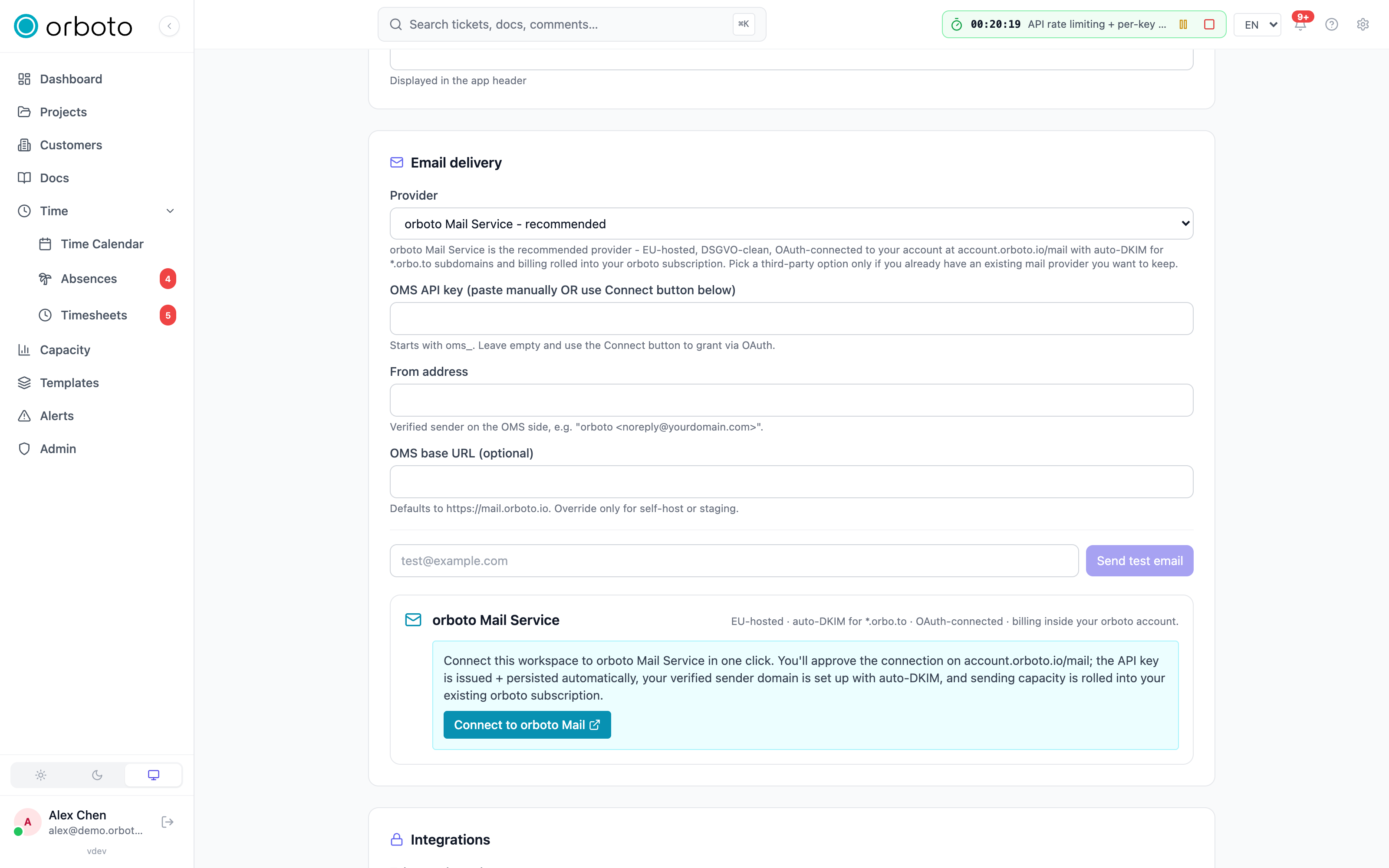 Email delivery settings with the orboto Mail Service provider selected and the connect card