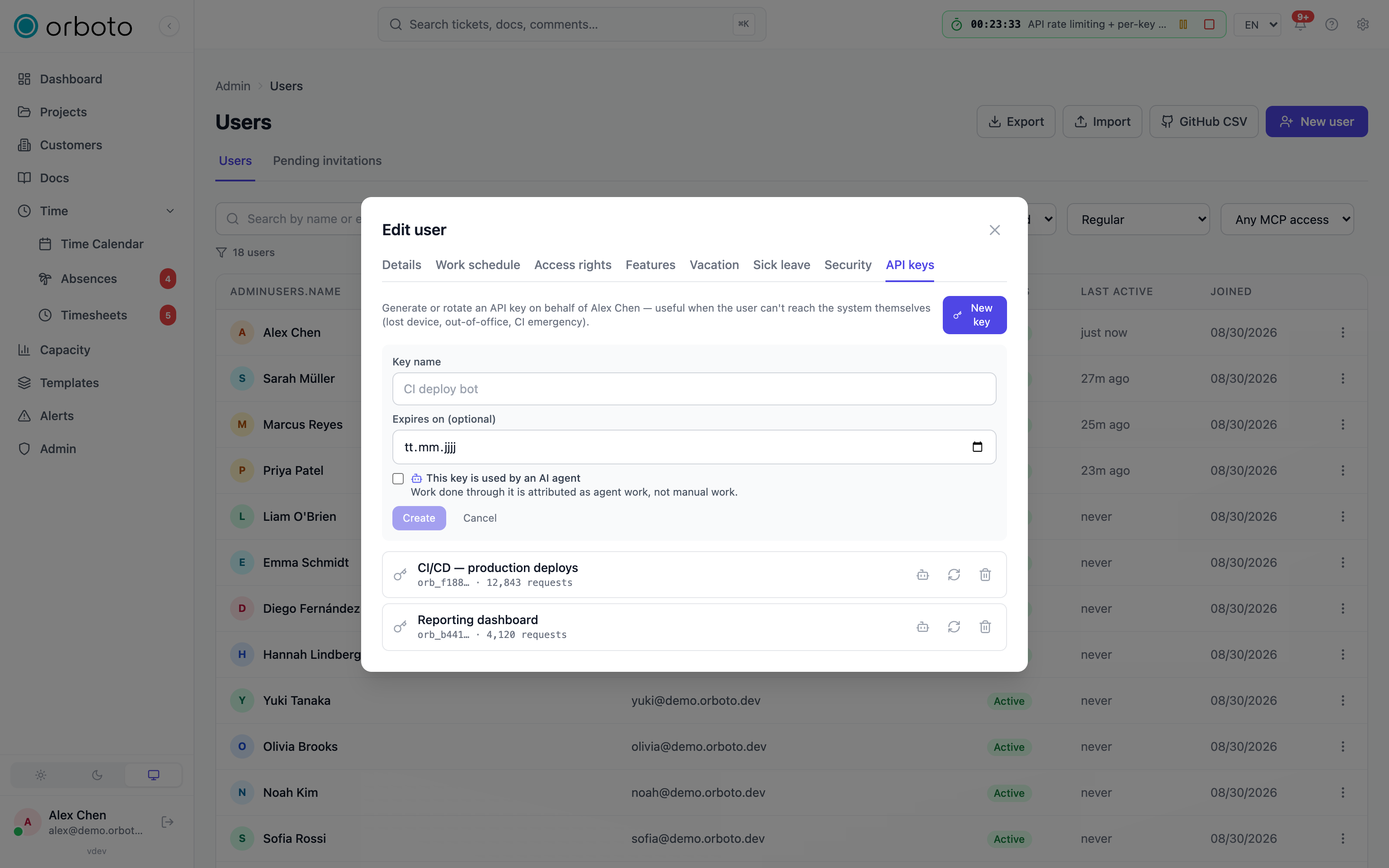 The API keys tab on a user's edit dialog with the new-key form open