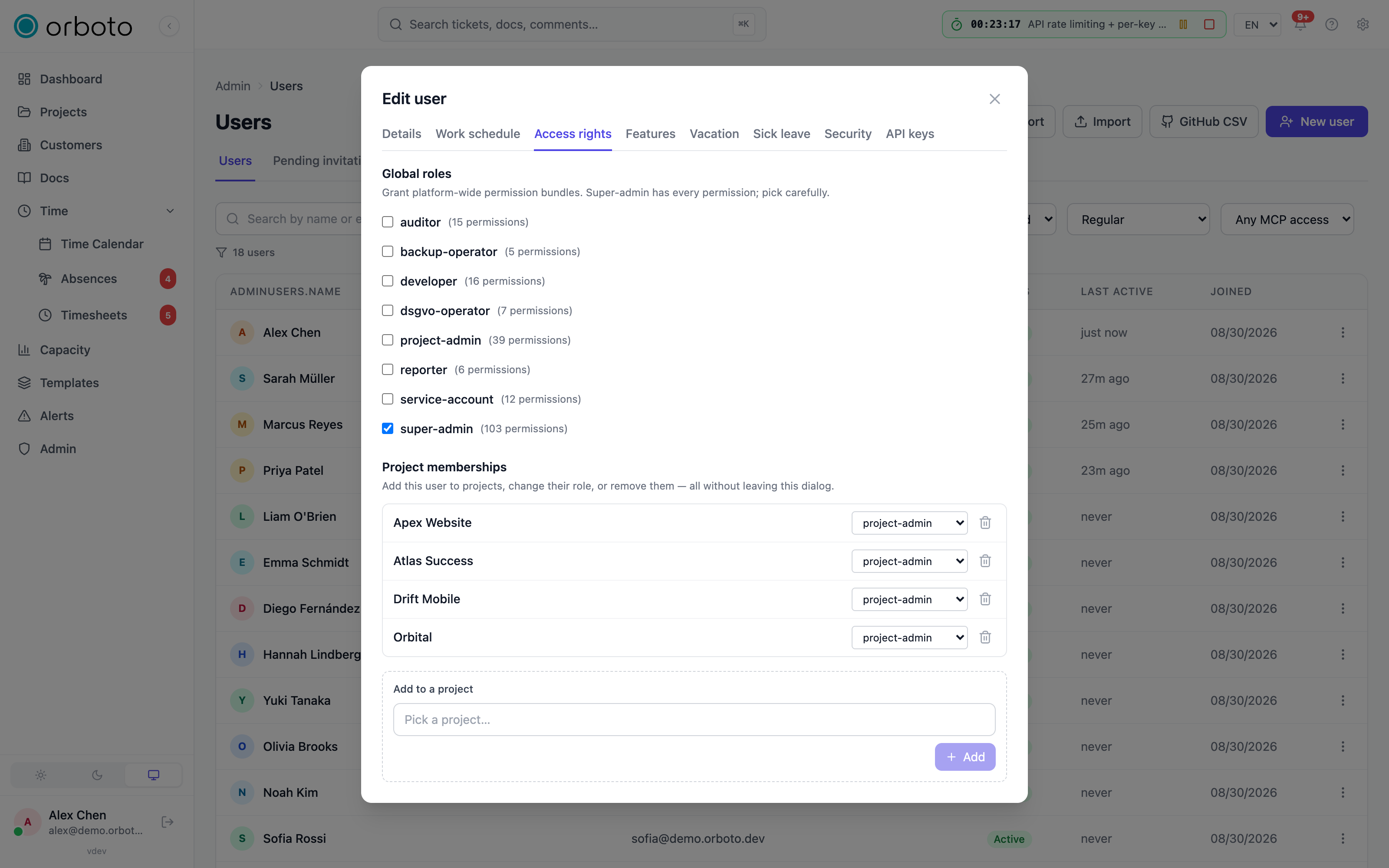 The edit-user dialog's Access tab with global roles and project memberships