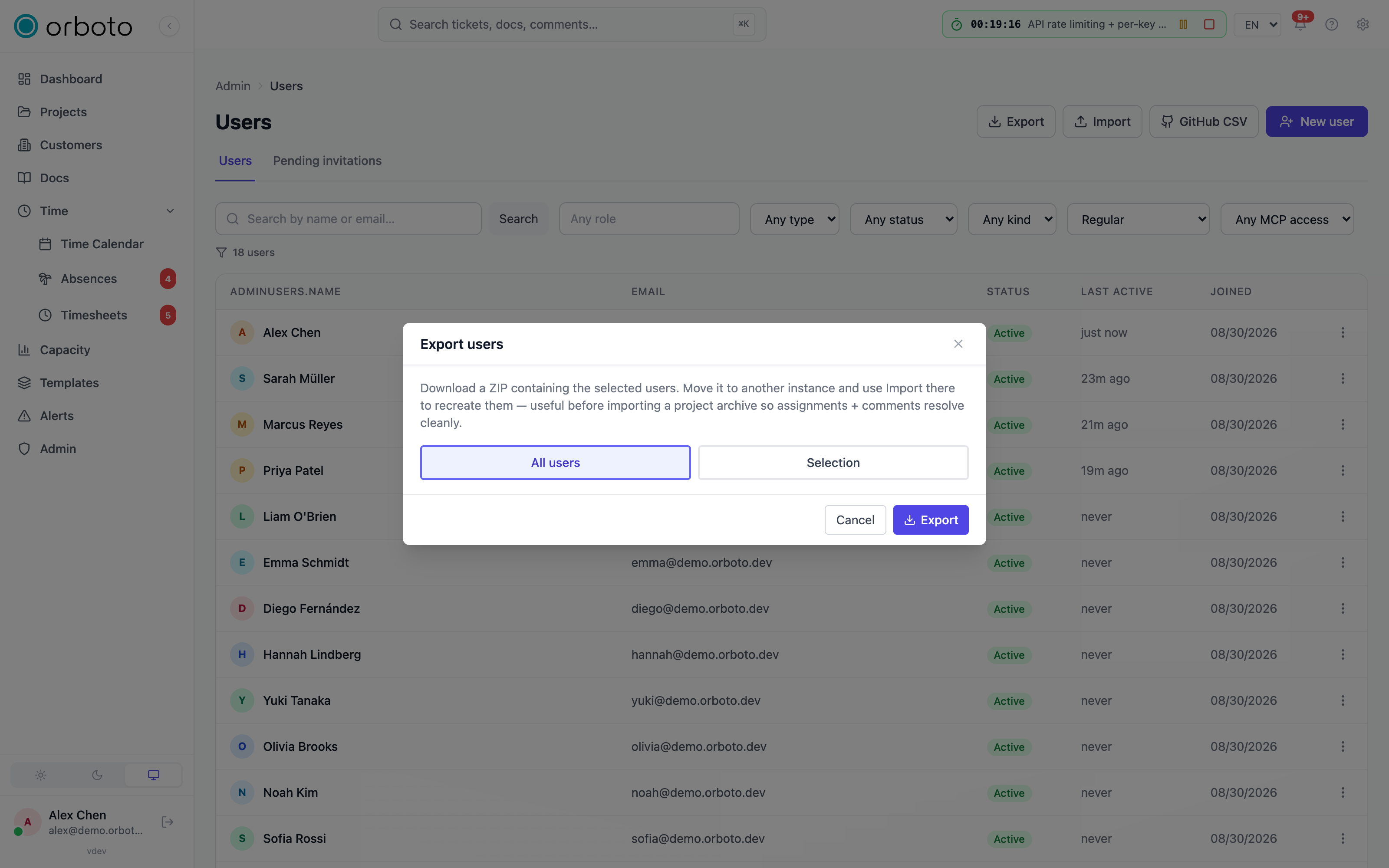 The user export dialog