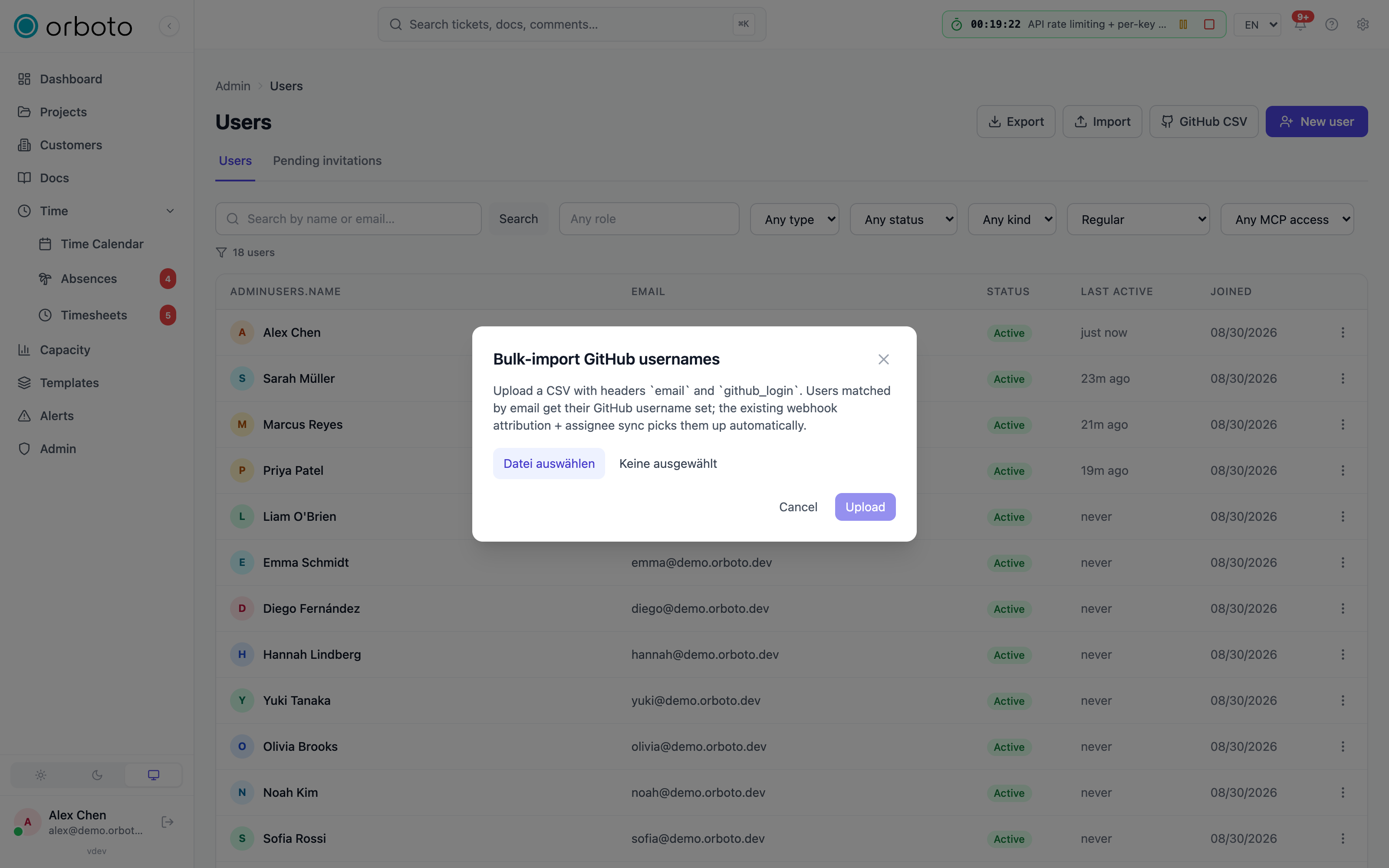 The GitHub-username CSV upload dialog