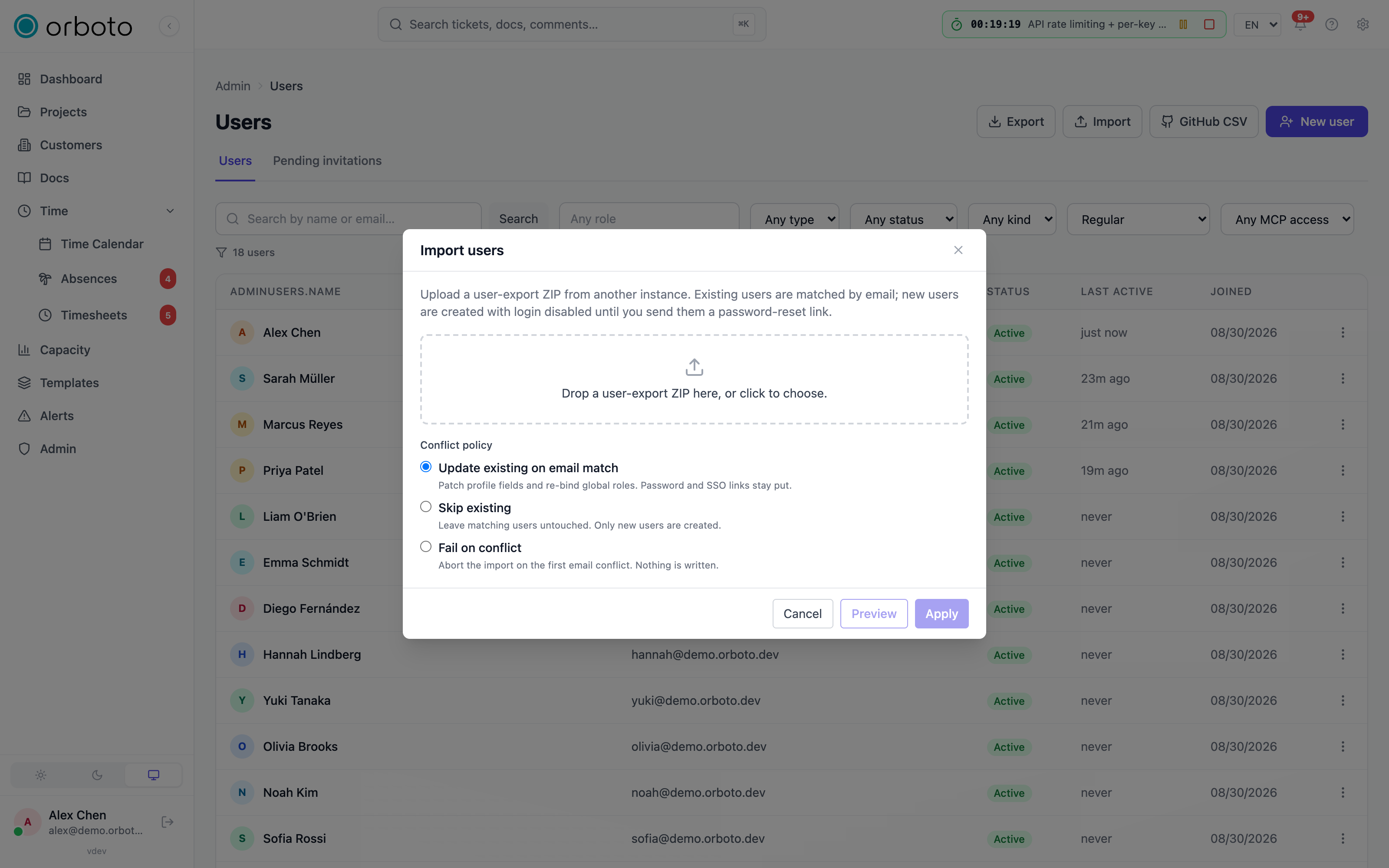 The user import dialog