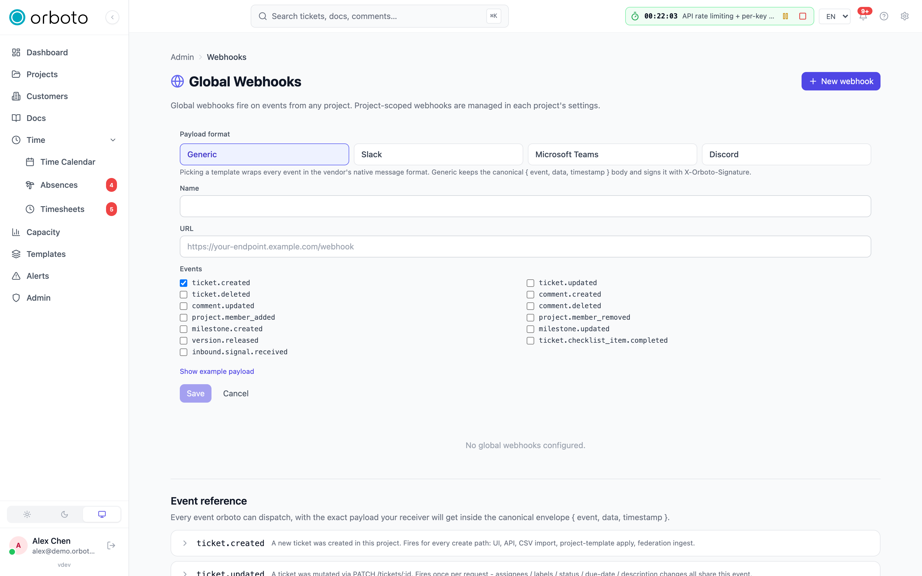 The new webhook form
