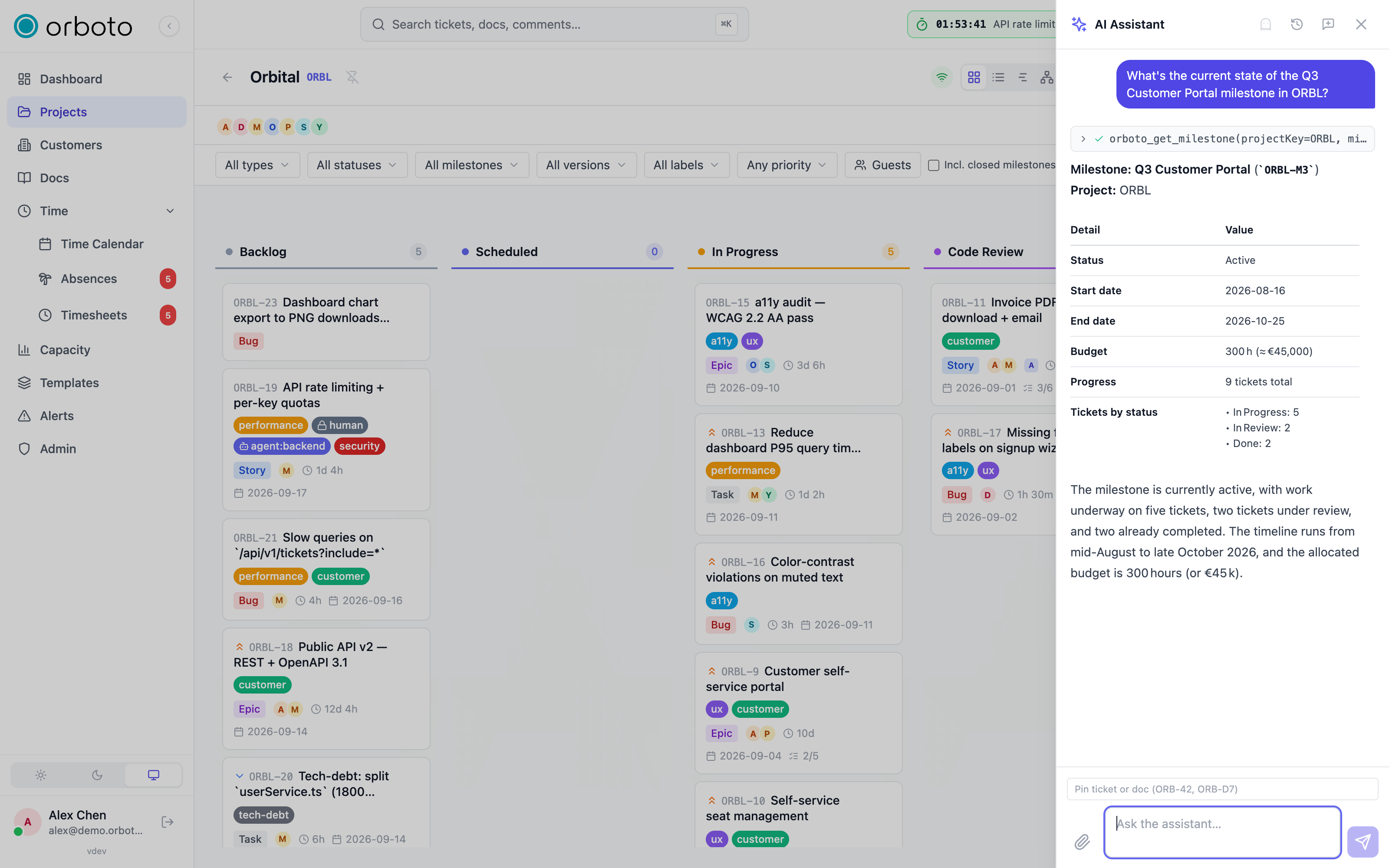 The AI assistant panel answering a question about a milestone's state - it shows the tool call it made against the workspace and a structured answer with status, dates, budget, and ticket counts