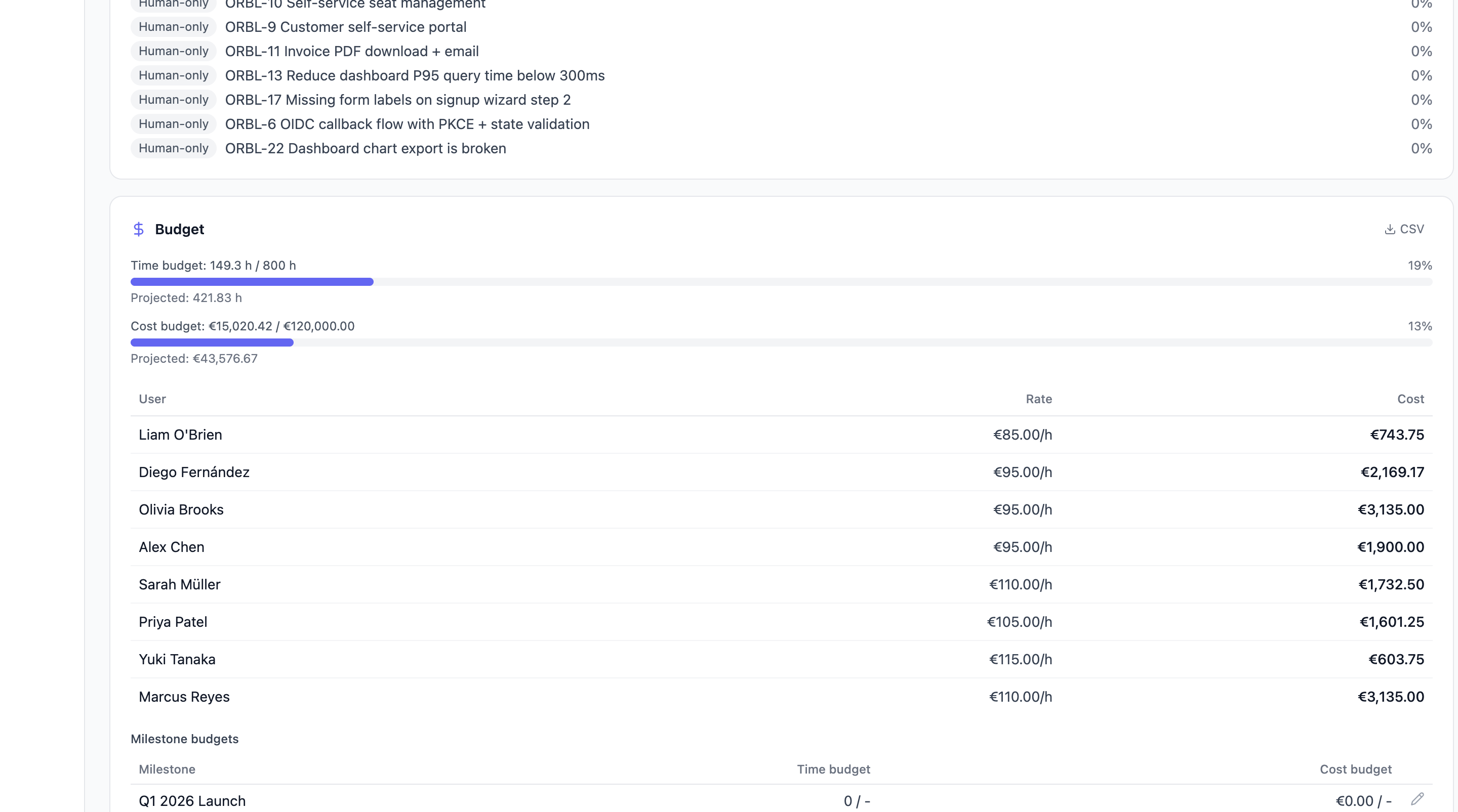 The budget card with time and cost meters and the per-user cost table