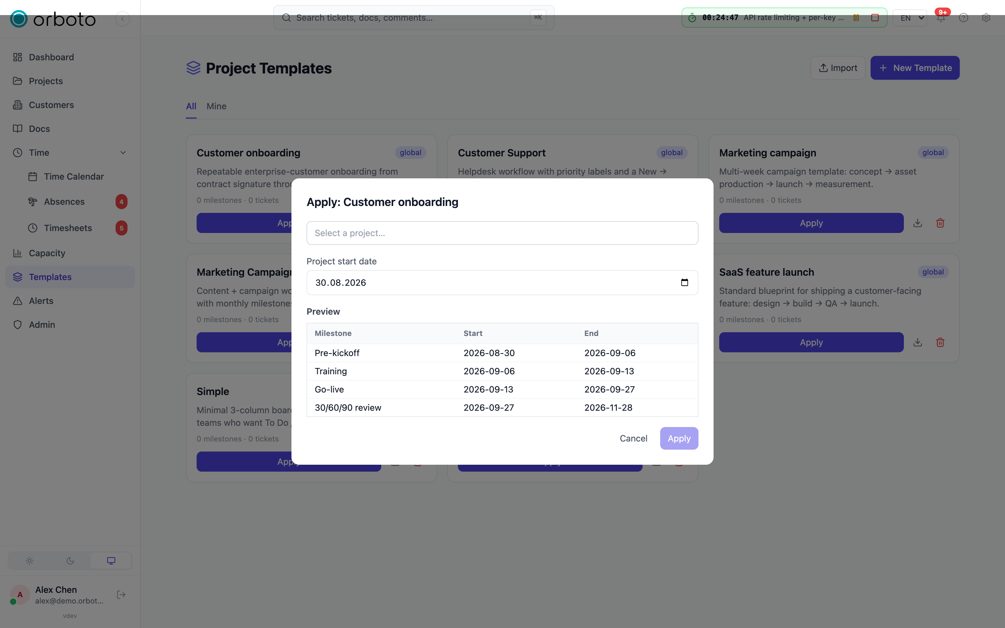 The apply-template dialog with project picker, start date and milestone preview