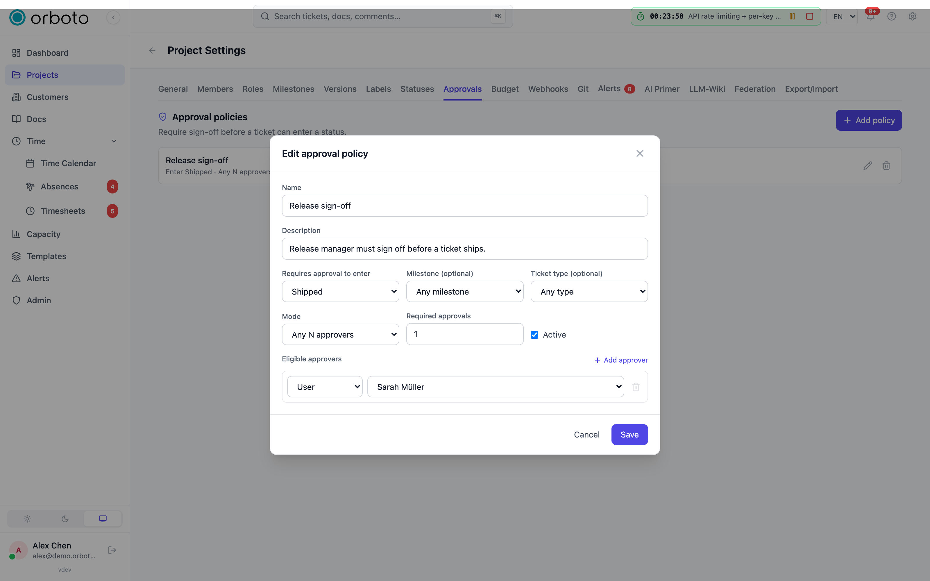 The approval policy editor with target status, mode and approver steps
