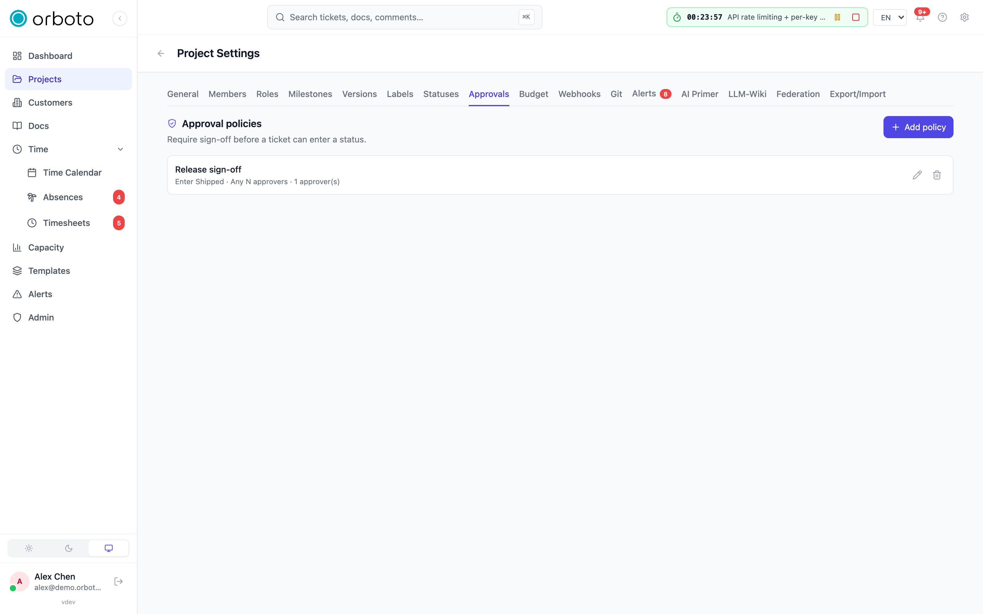 The Approvals tab in project settings with the policy list