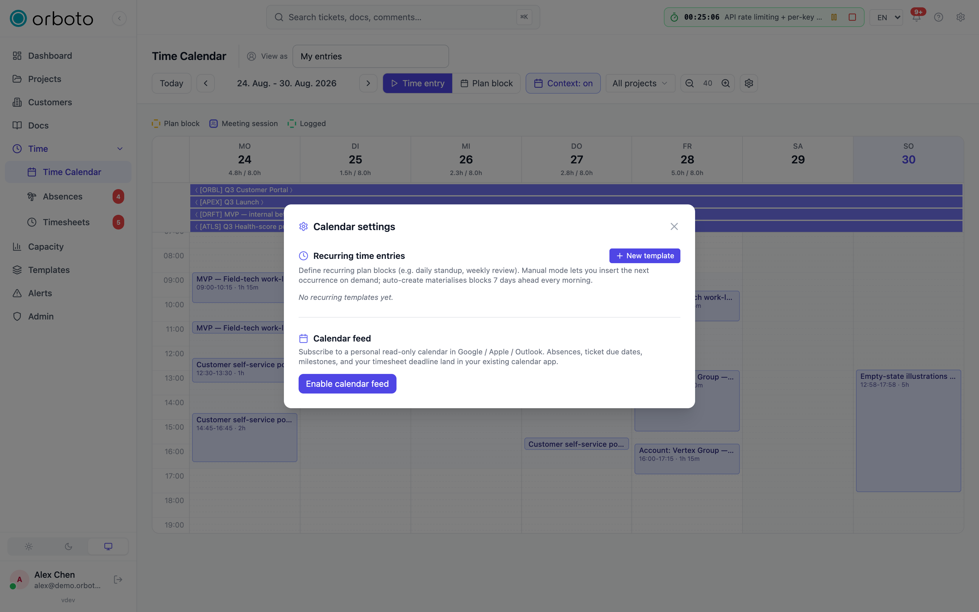 The calendar settings dialog with recurring templates and the subscribe feed