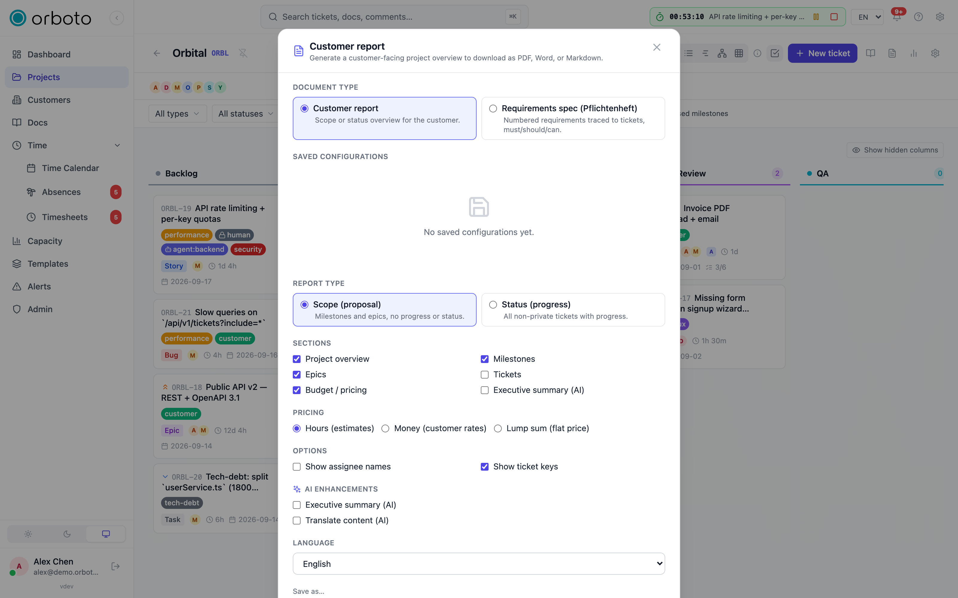 The customer report / requirements document builder dialog with the document-type and preset options