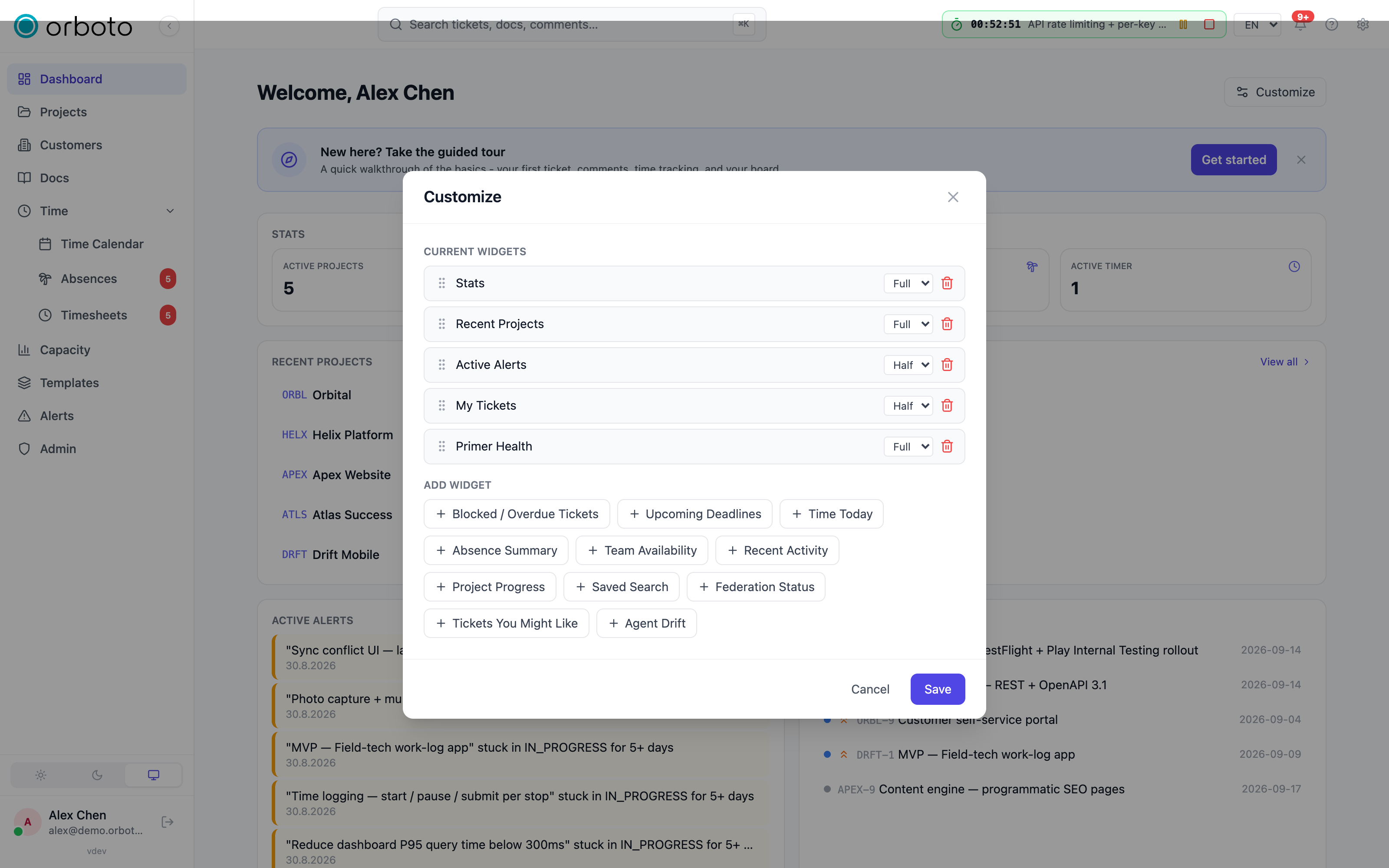 The dashboard customise dialog showing the widget list, size picker, and add-widget row