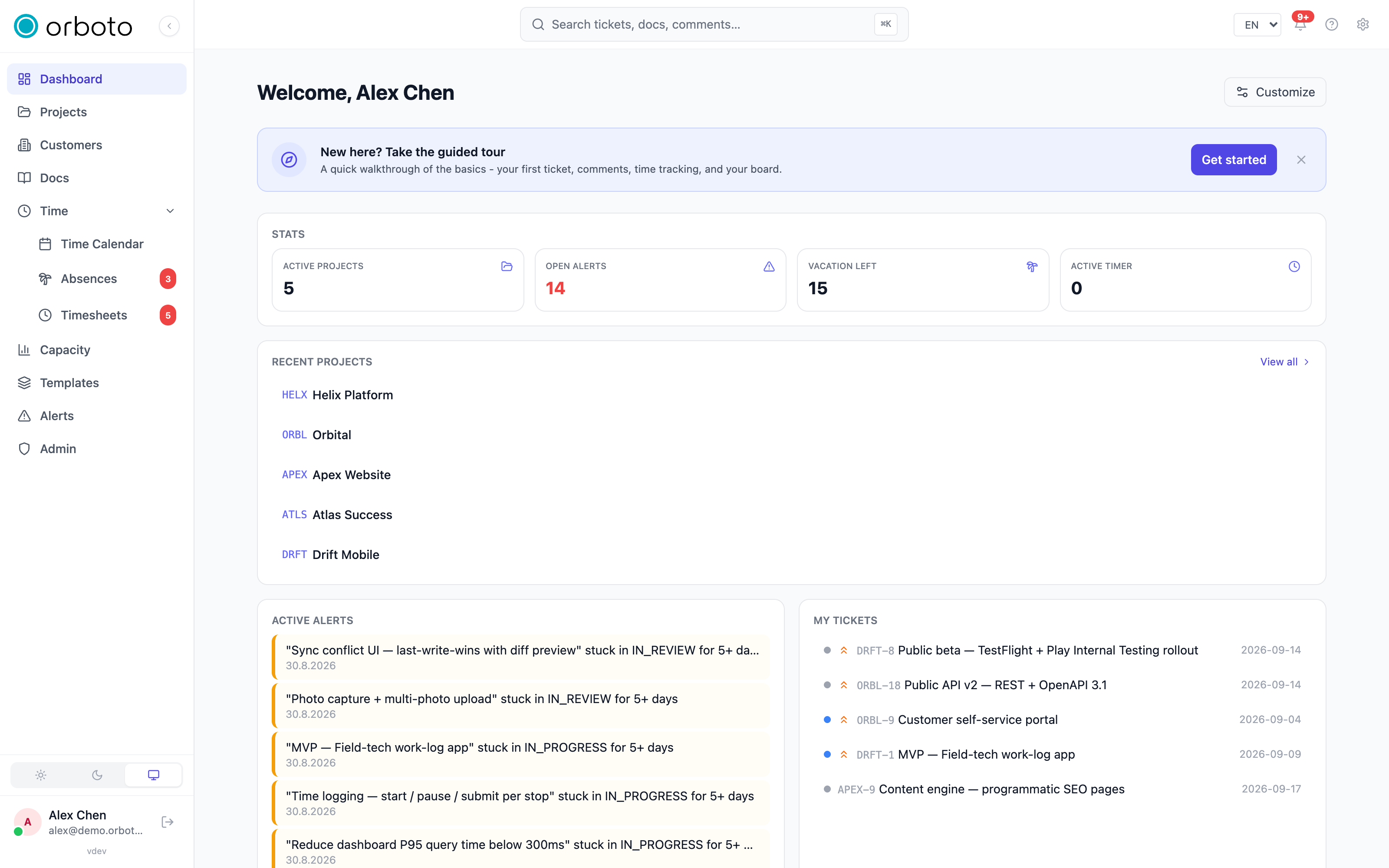 The personal dashboard with stats, projects, alerts and tickets