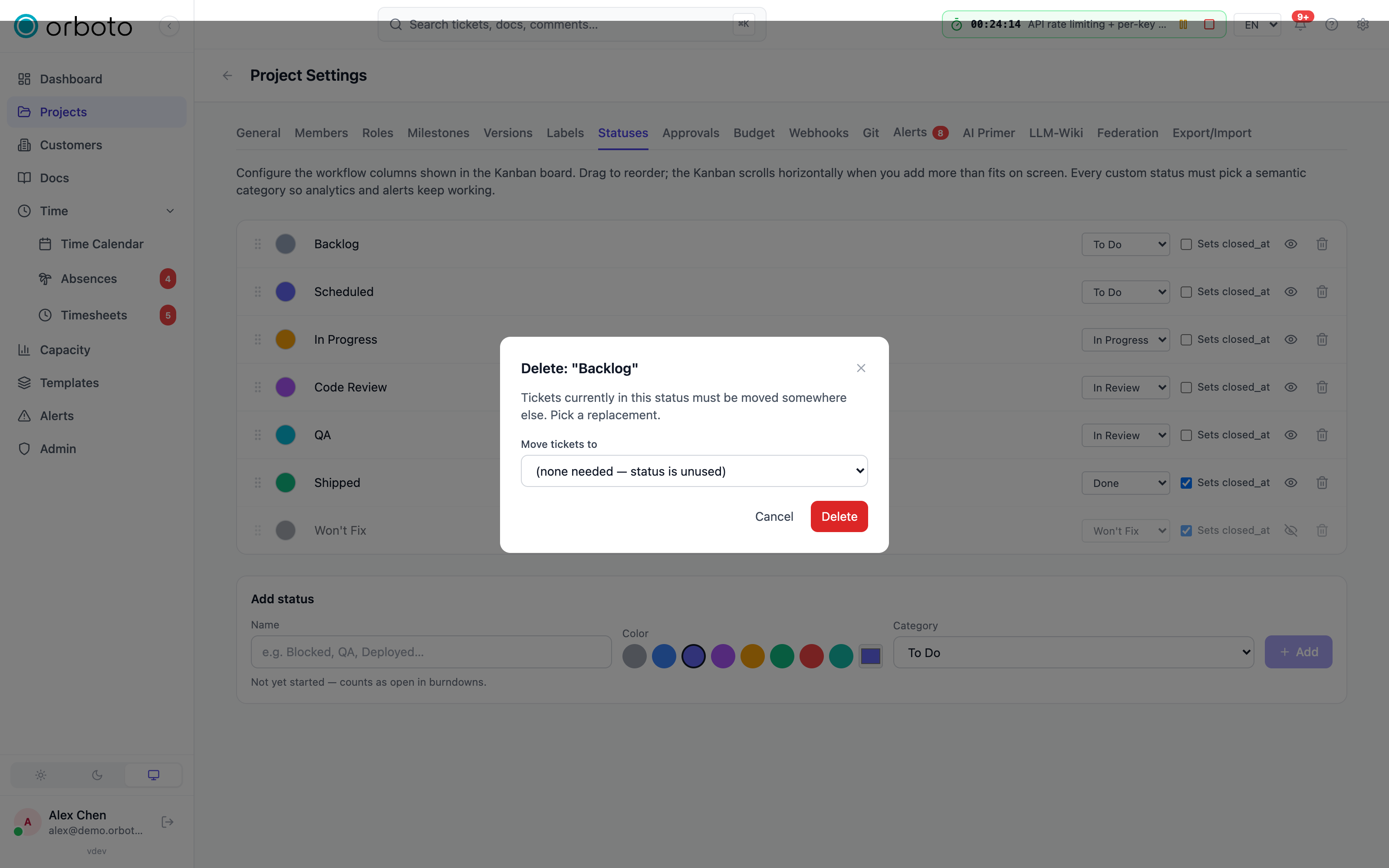 The delete-status confirmation with the move-tickets-to dropdown
