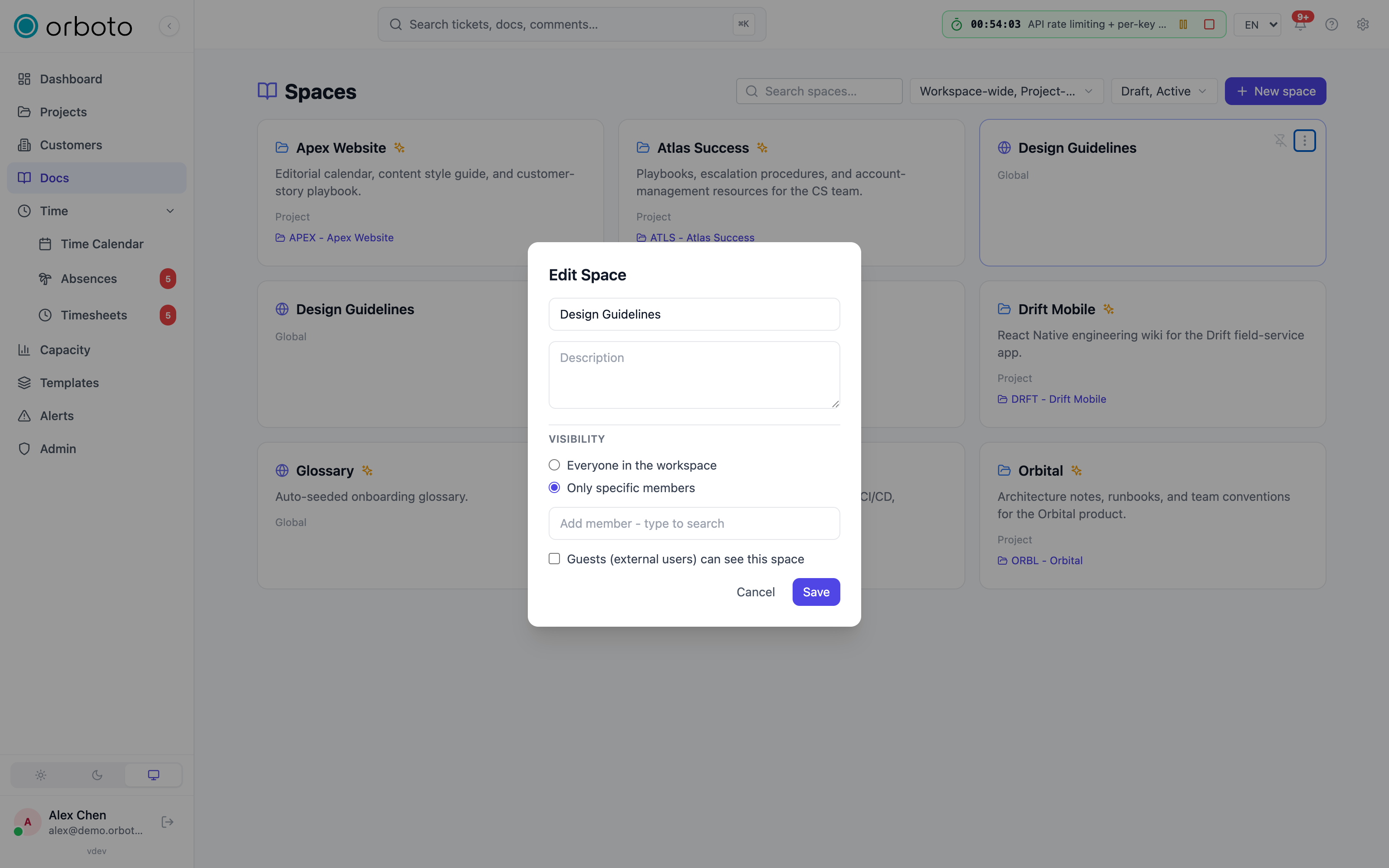 The edit-space dialog with the visibility radio options and the restricted-member picker open