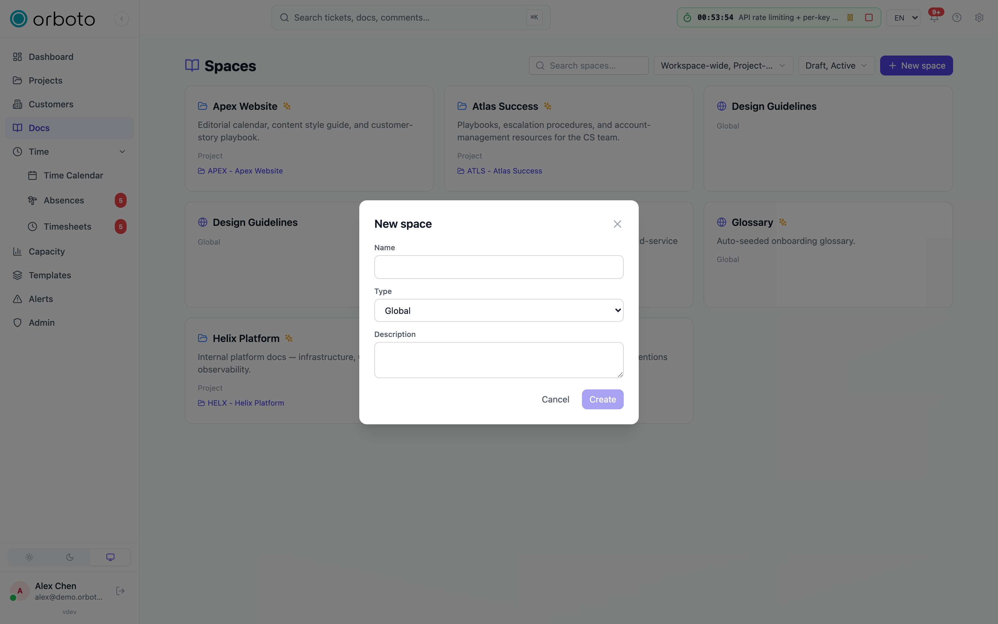 The new-space dialog with name, type, and description fields