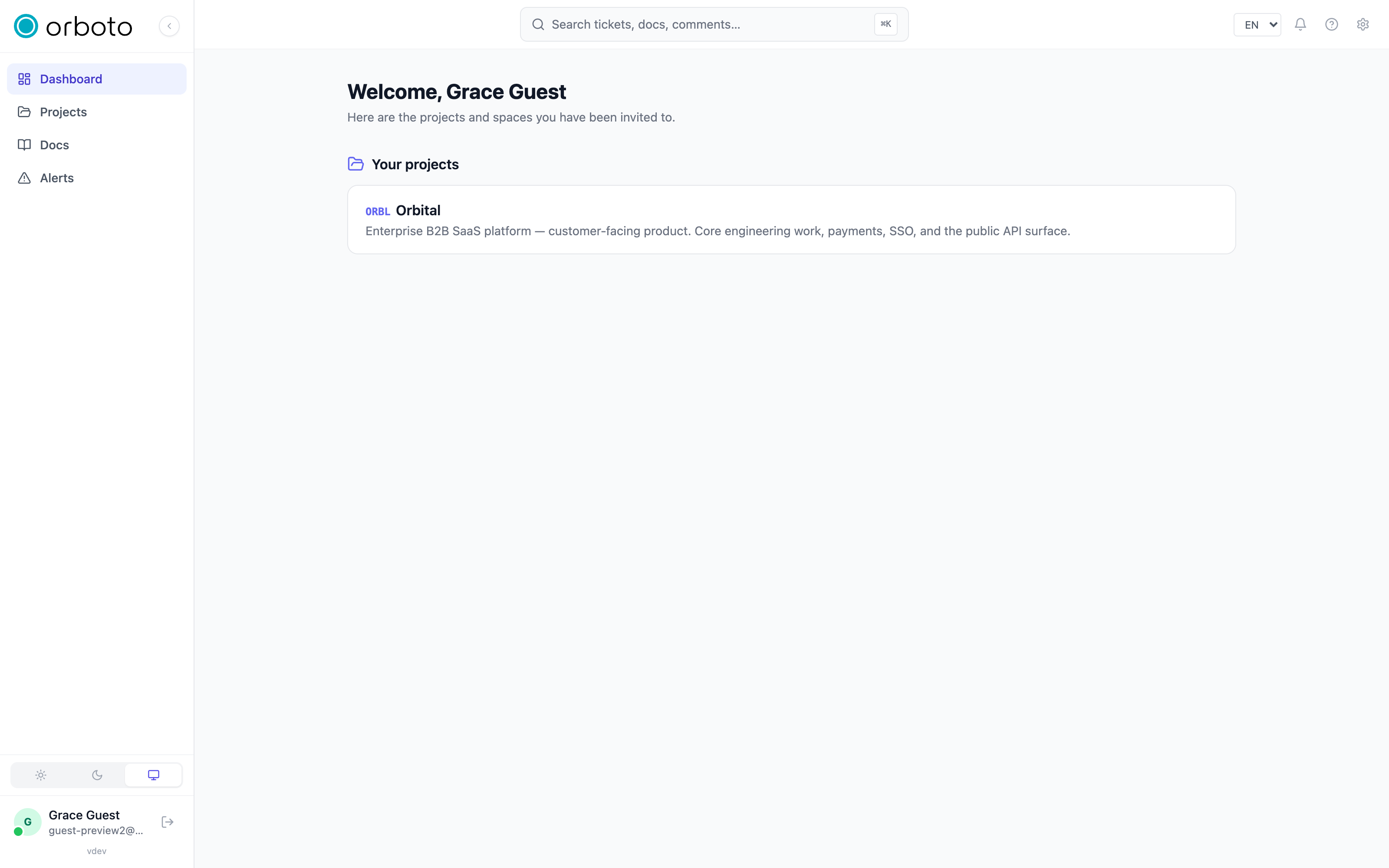 The external/guest home screen listing shared projects