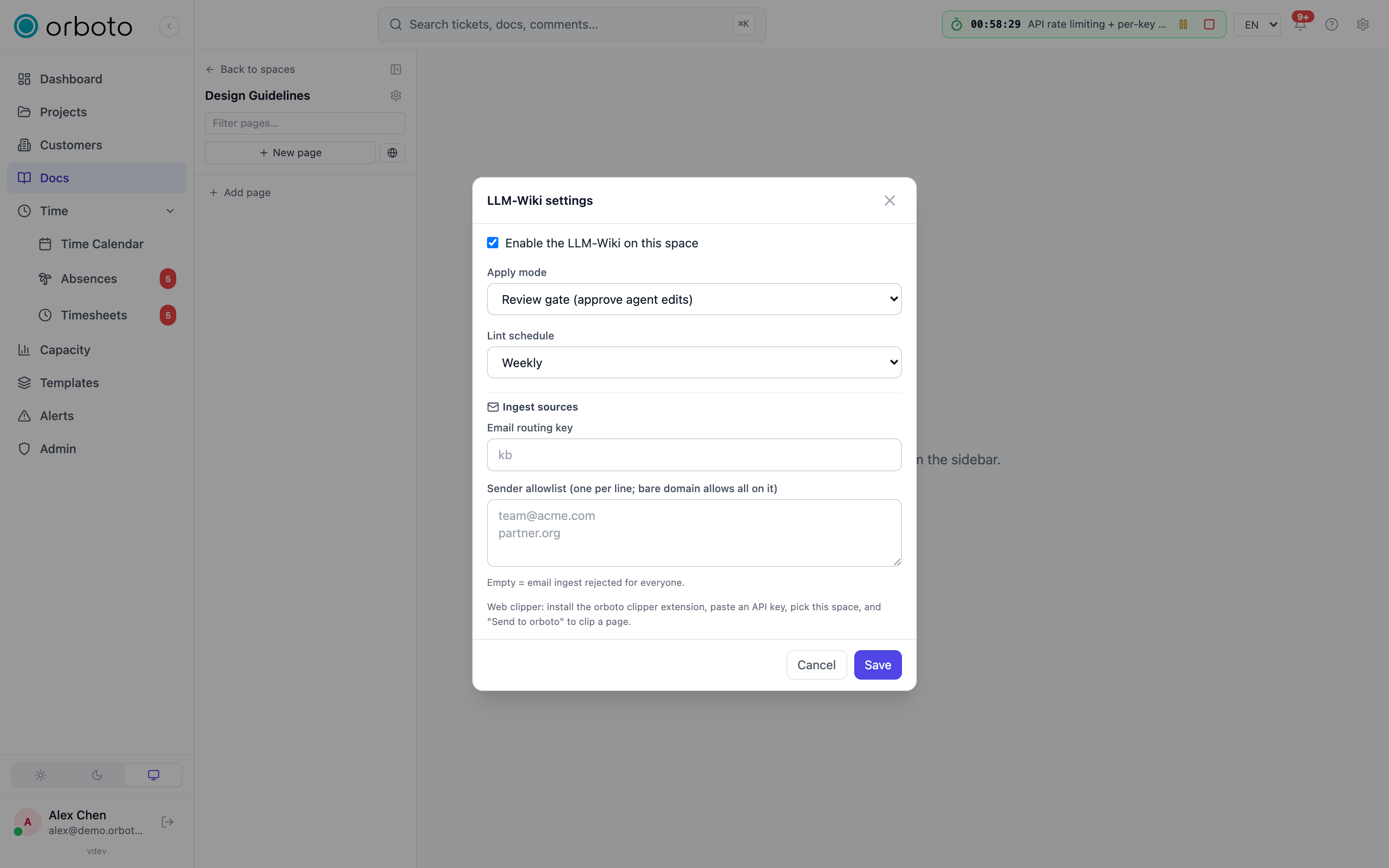The LLM-Wiki settings modal with the enable checkbox, apply mode, and lint schedule