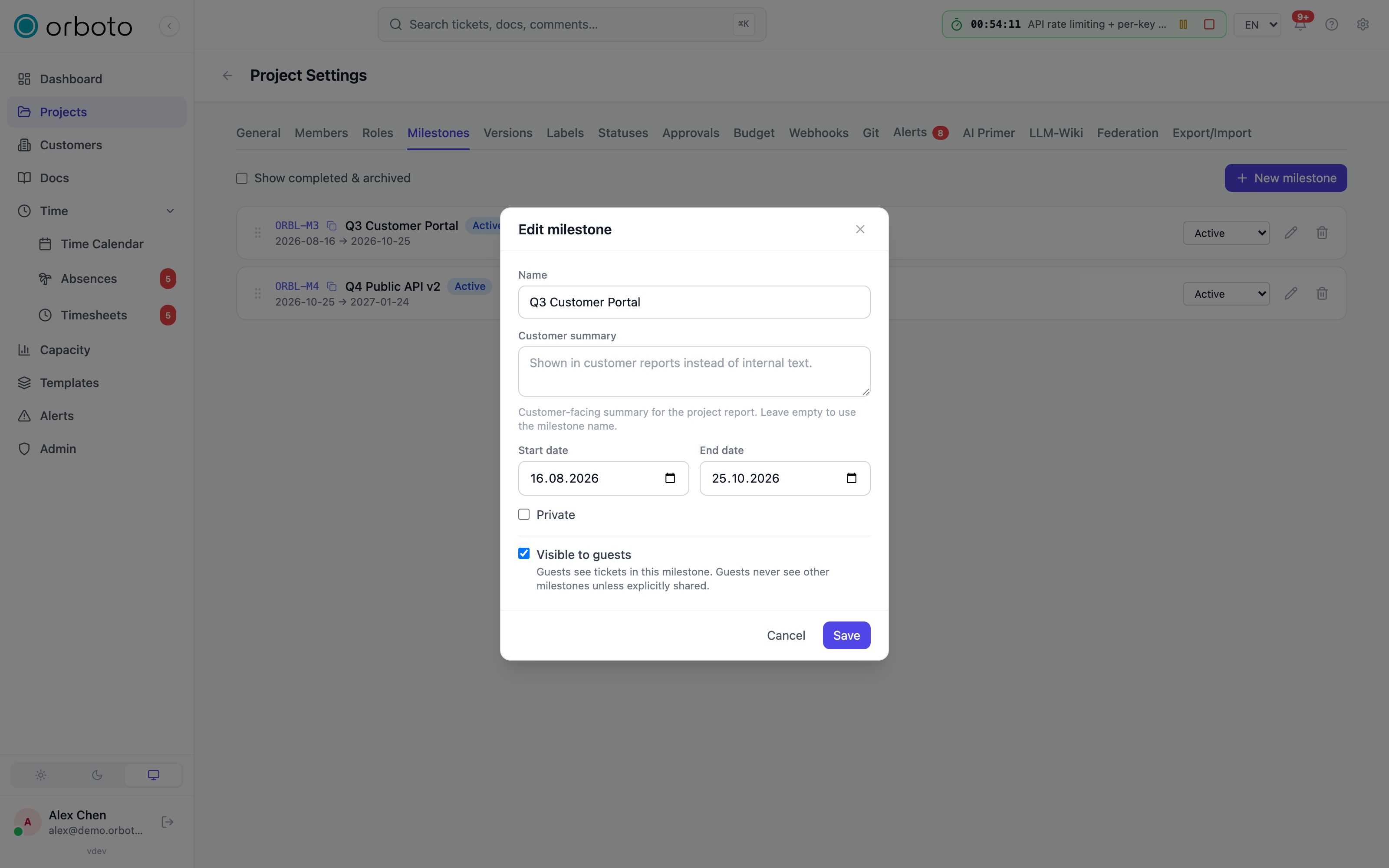 The milestone edit dialog with the "visible to guests" toggle